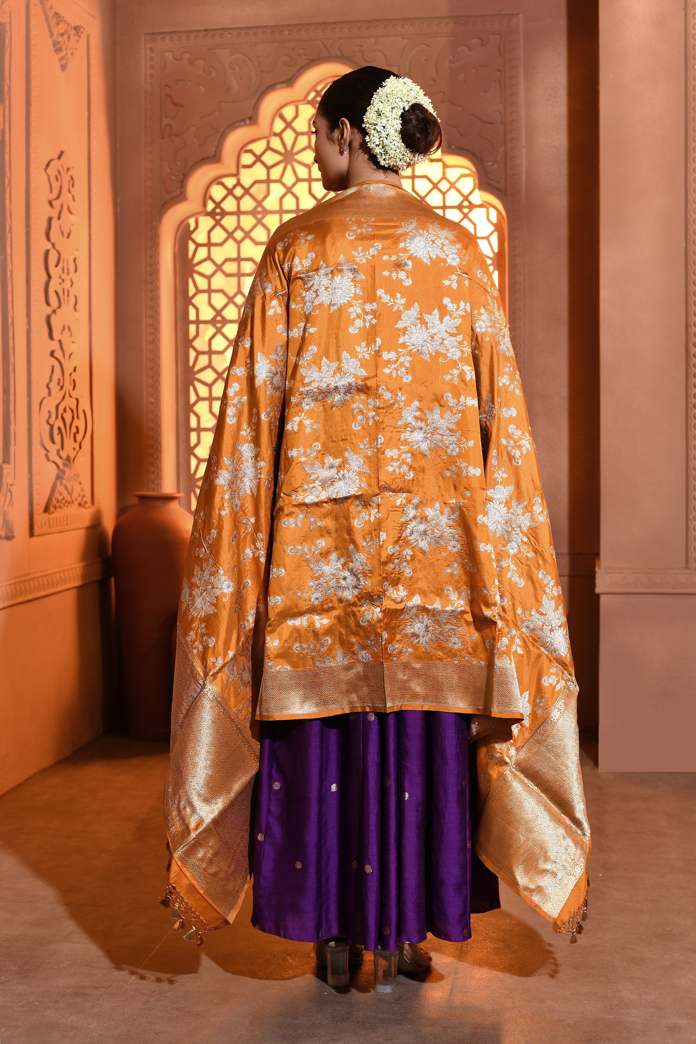 Mustard Floral Handwoven Banarsi Silk Duppatta