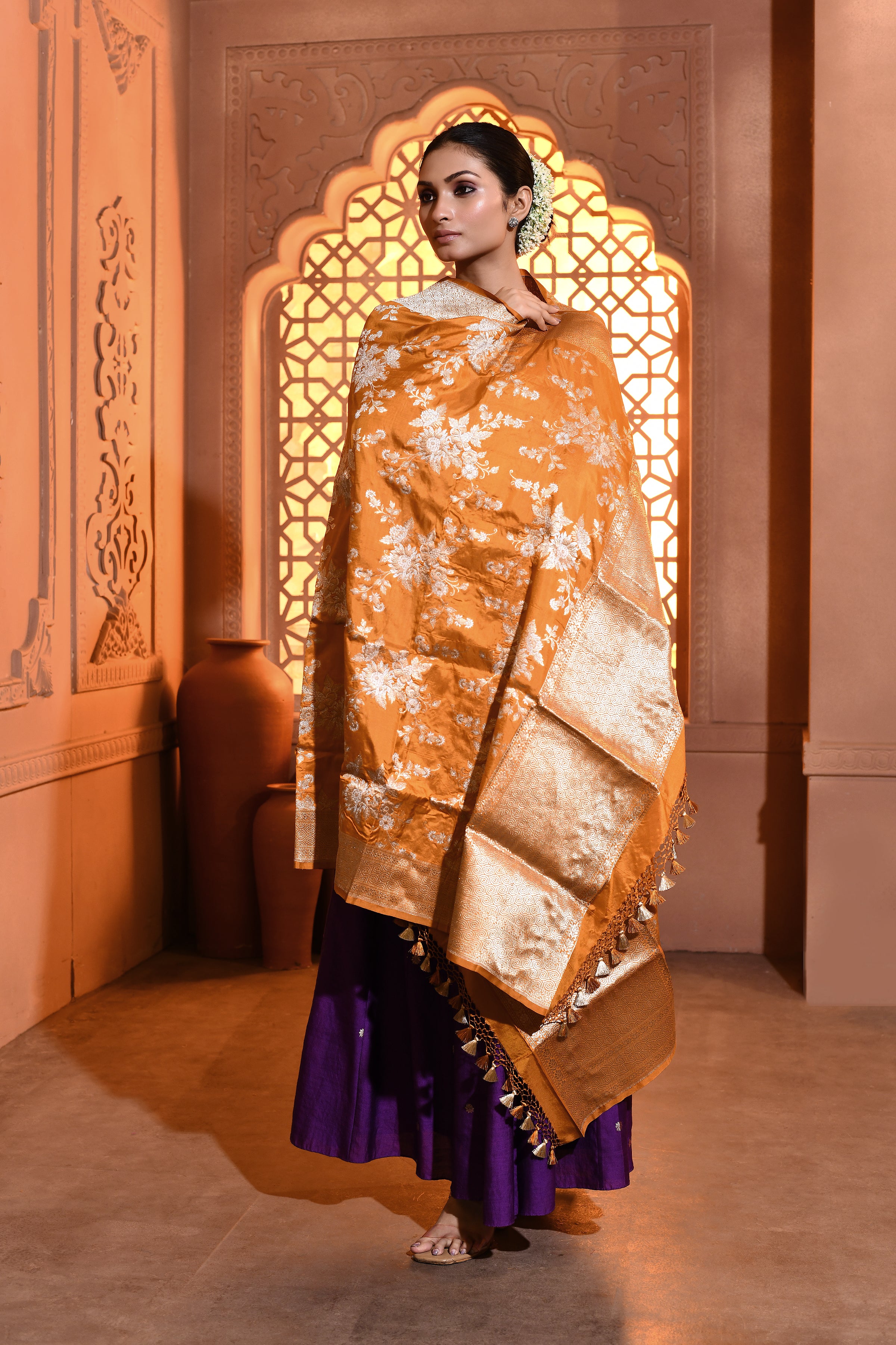 Mustard Floral Handwoven Banarsi Silk Duppatta