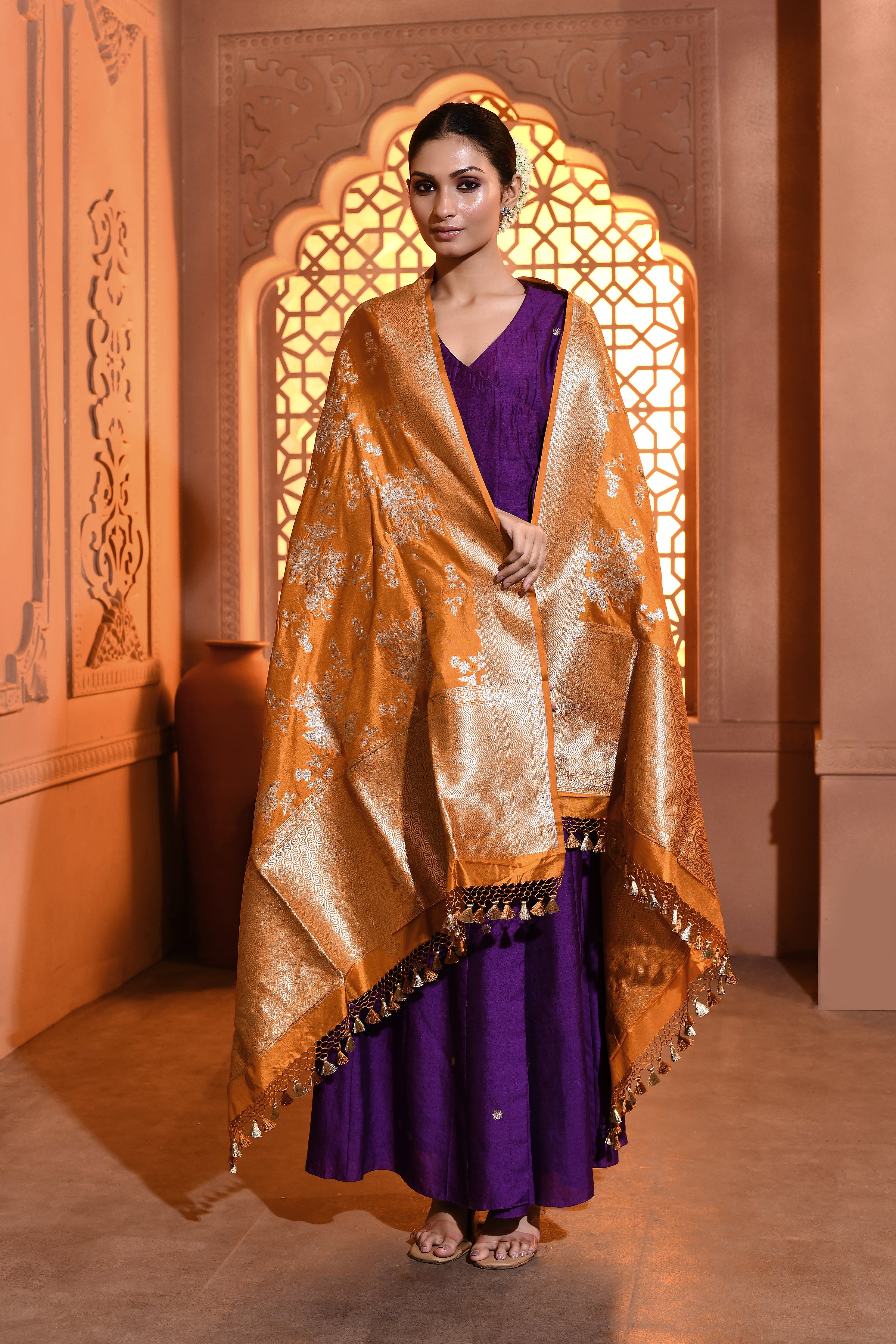 Mustard Floral Handwoven Banarsi Silk Duppatta