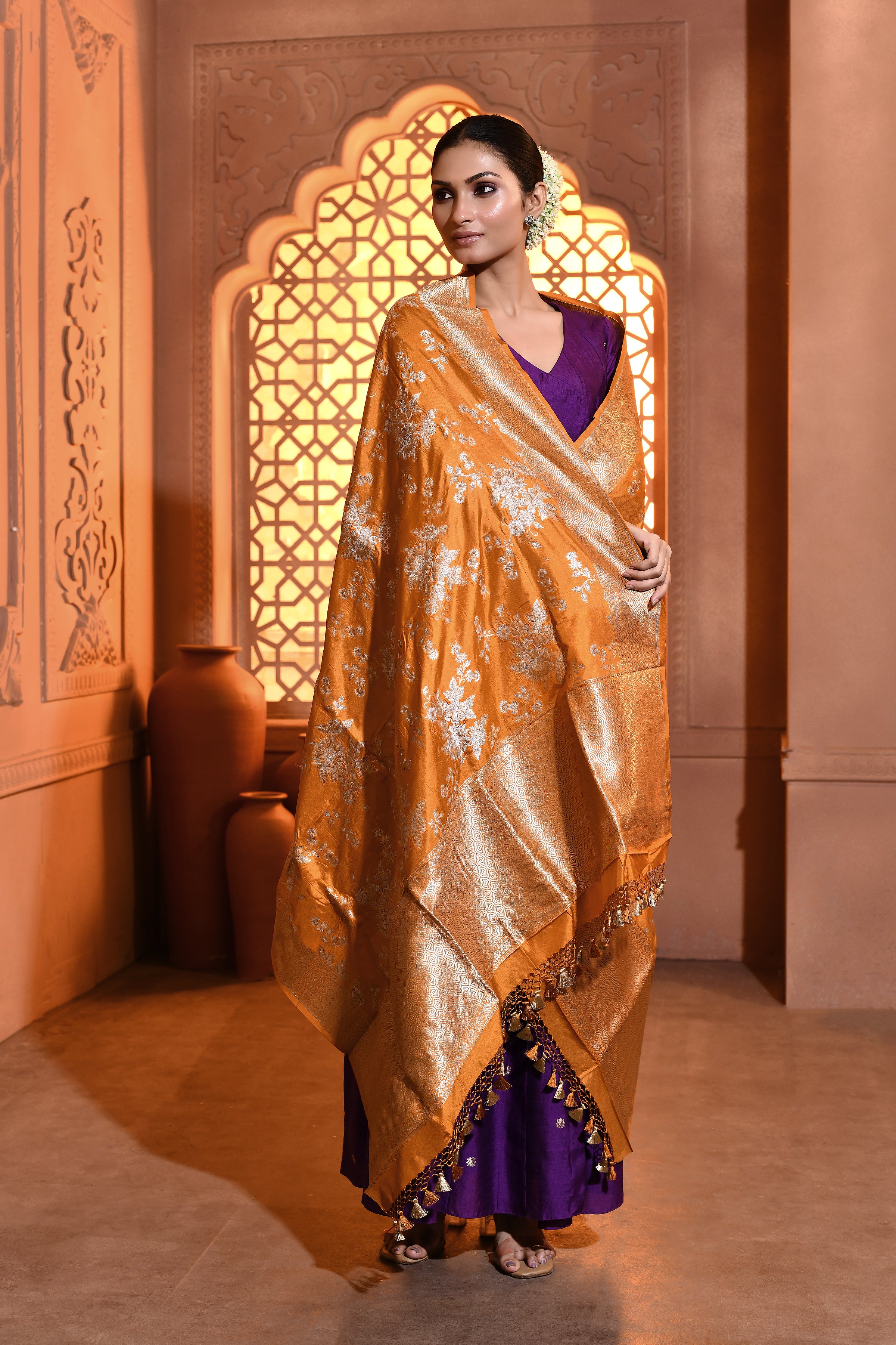 Mustard Floral Handwoven Banarsi Silk Duppatta
