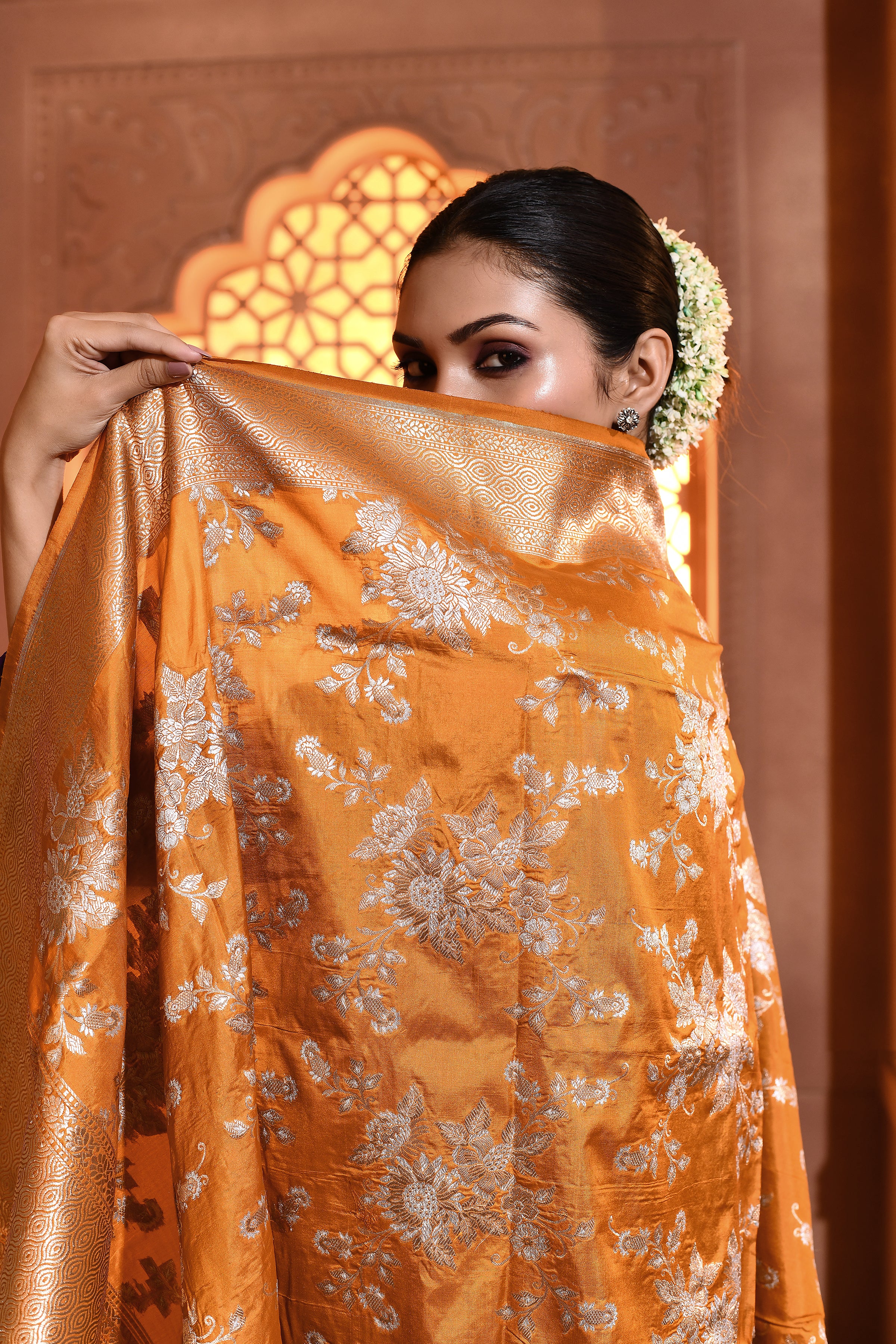 Mustard Floral Handwoven Banarsi Silk Duppatta