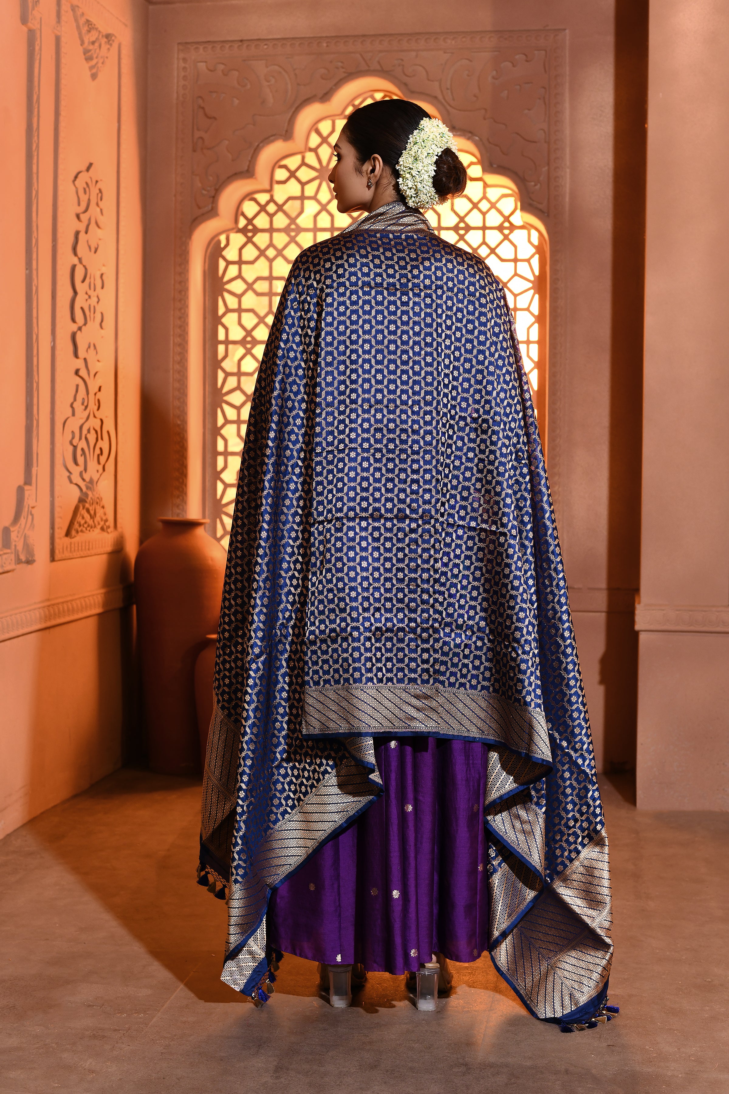 Blue Mughal Jaal Banarsi Silk Duppatta