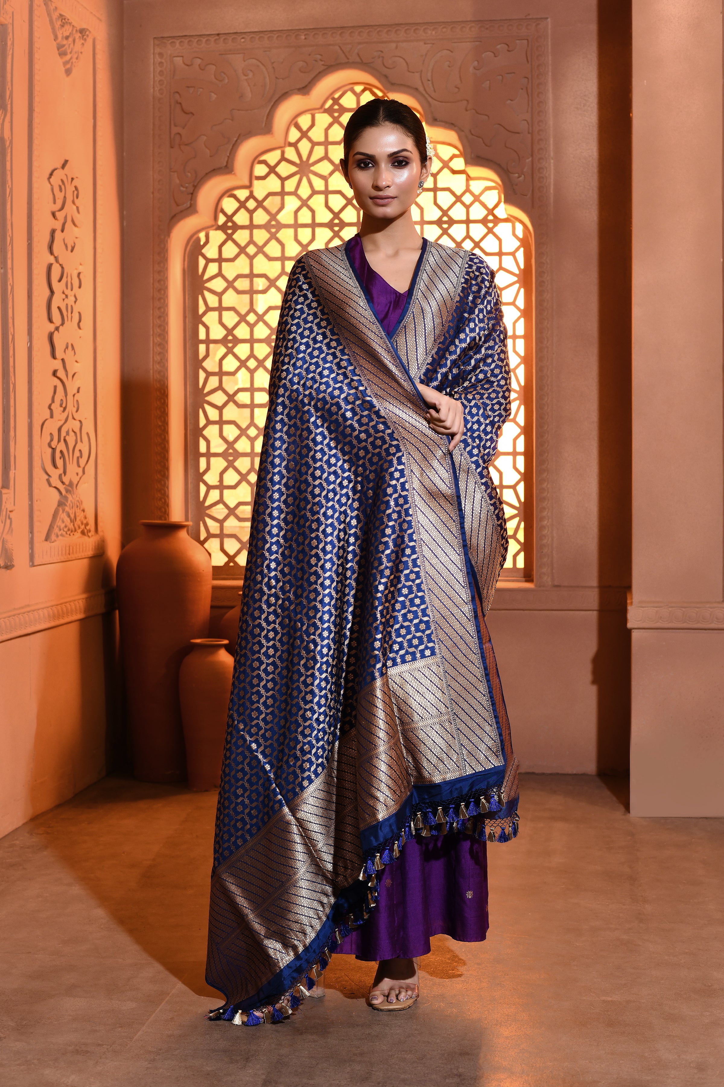 Blue Mughal Jaal Banarsi Silk Duppatta