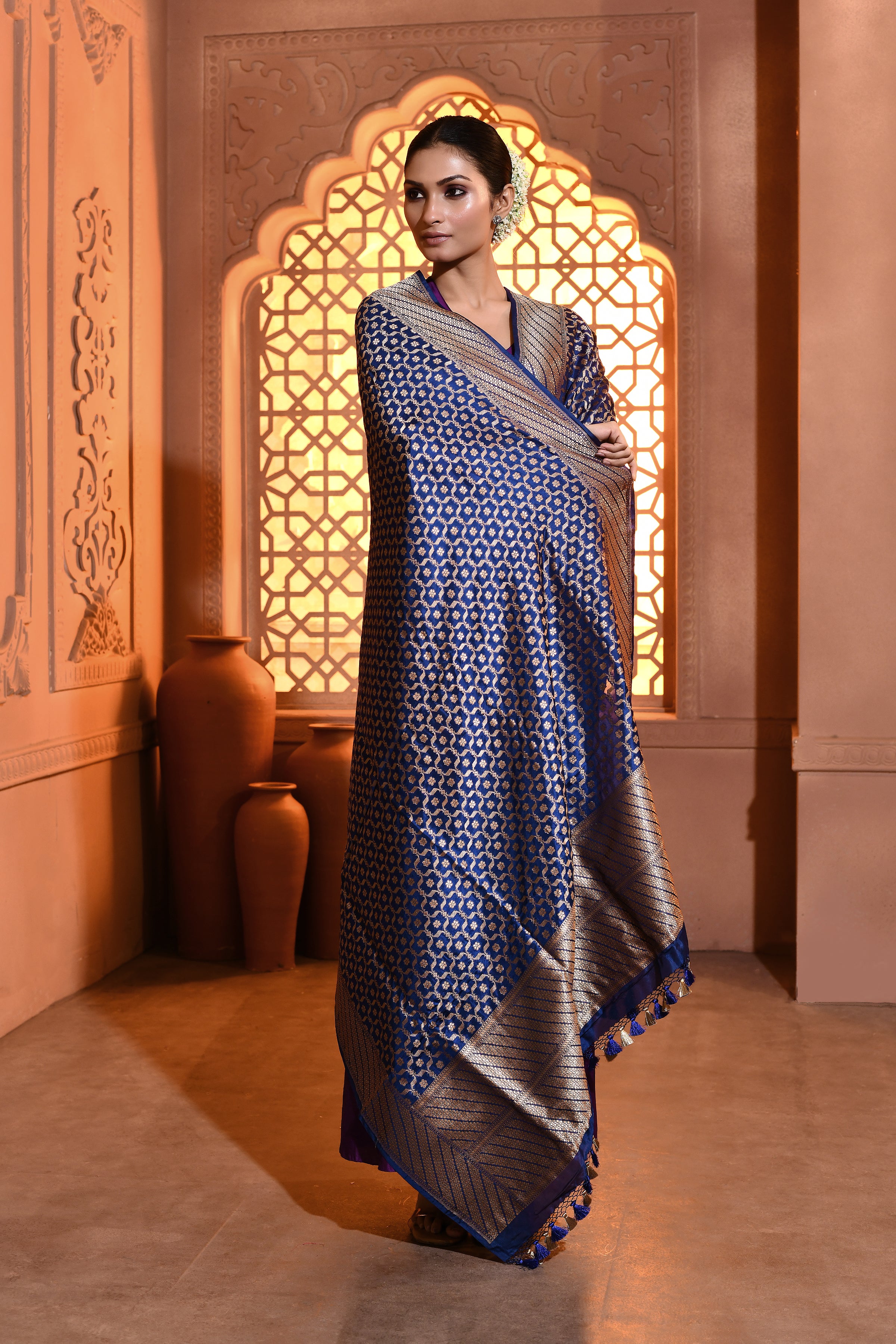 Blue Mughal Jaal Banarsi Silk Duppatta