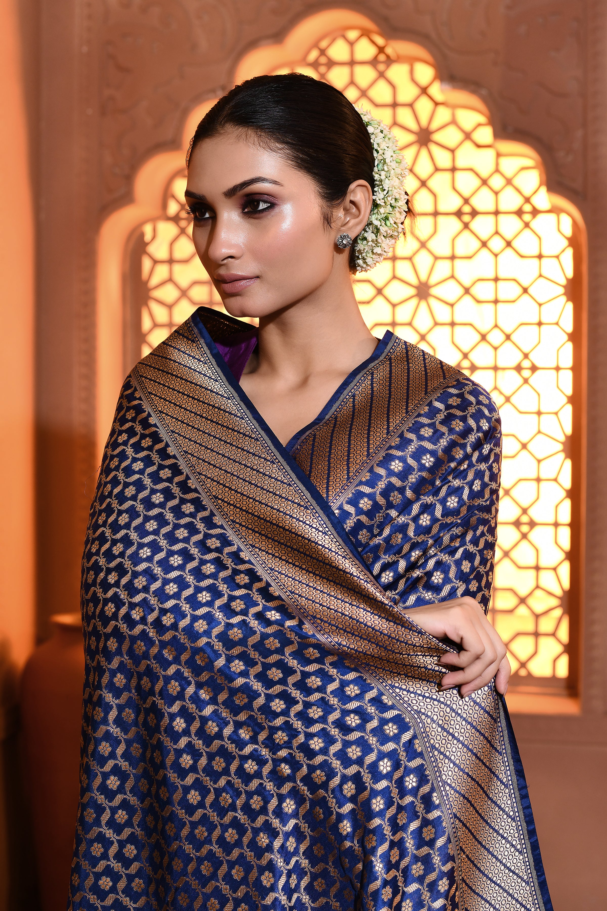 Blue Mughal Jaal Banarsi Silk Duppatta