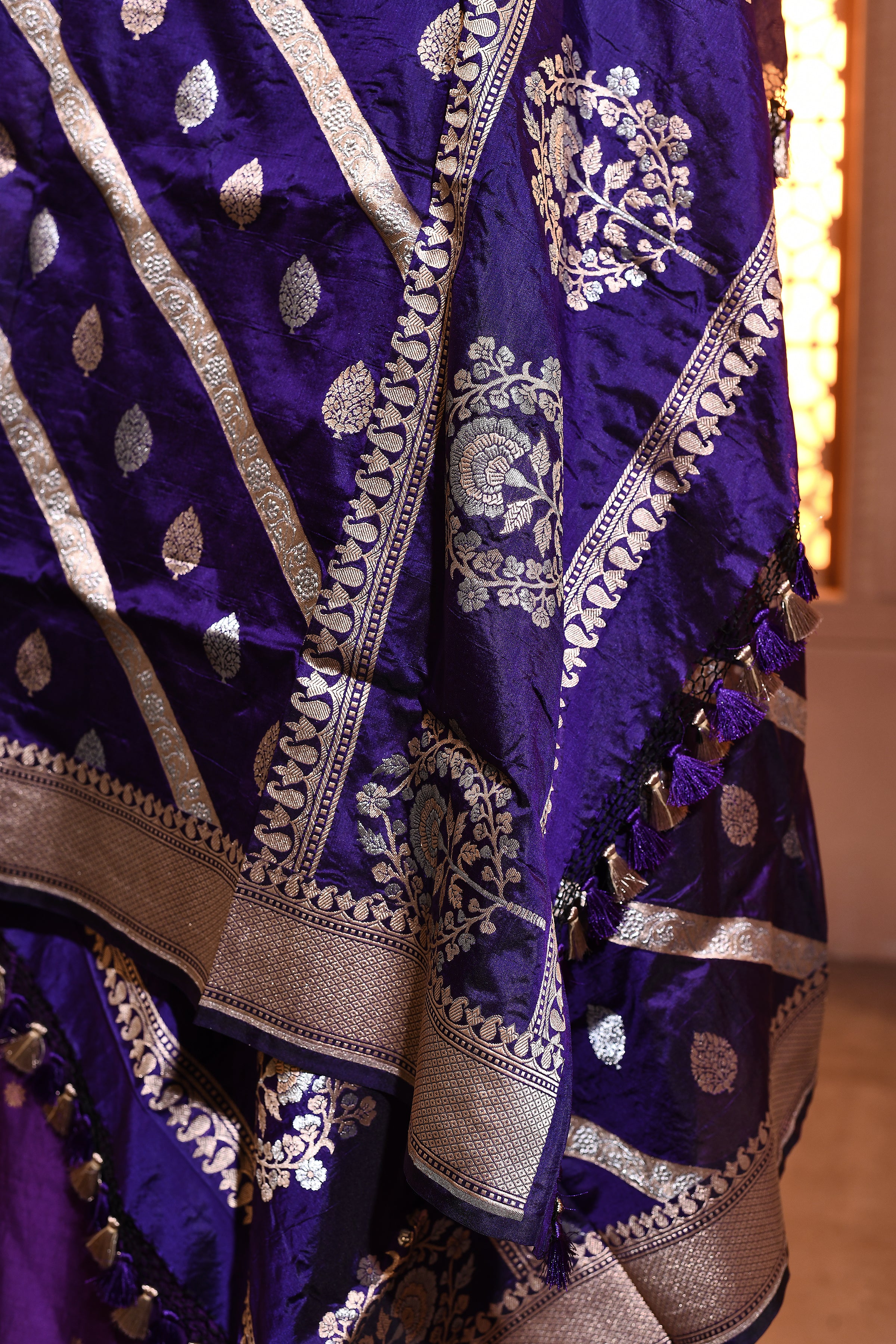 Violet Silver Gold Booti Banarsi Silk Duppatta