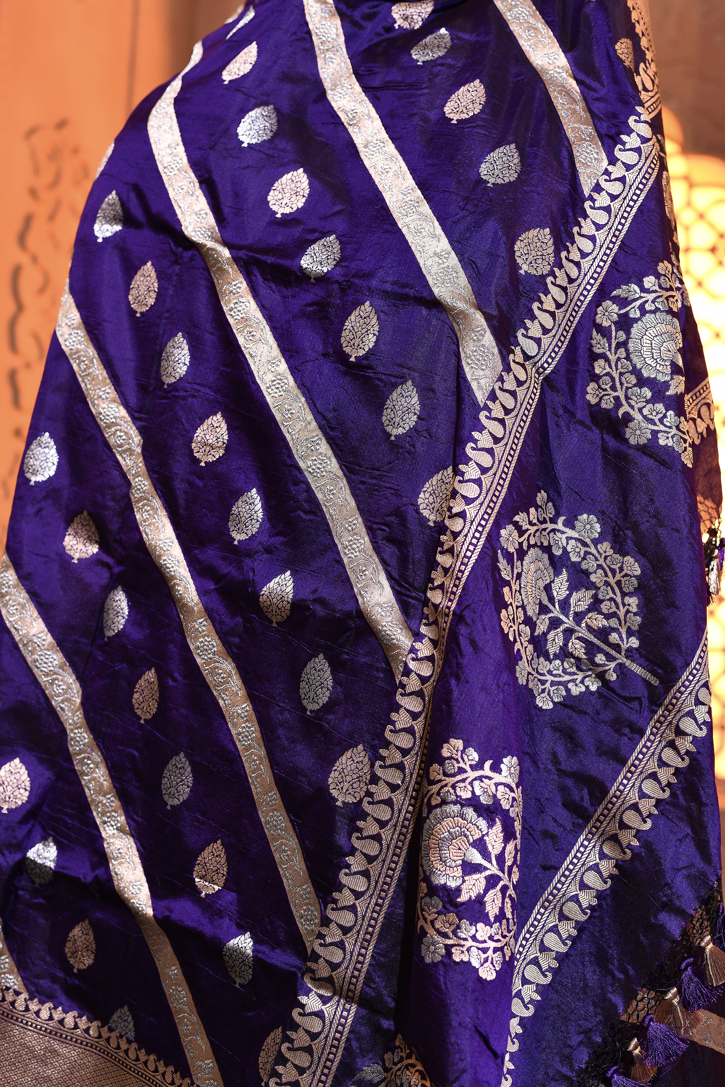Violet Silver Gold Booti Banarsi Silk Duppatta