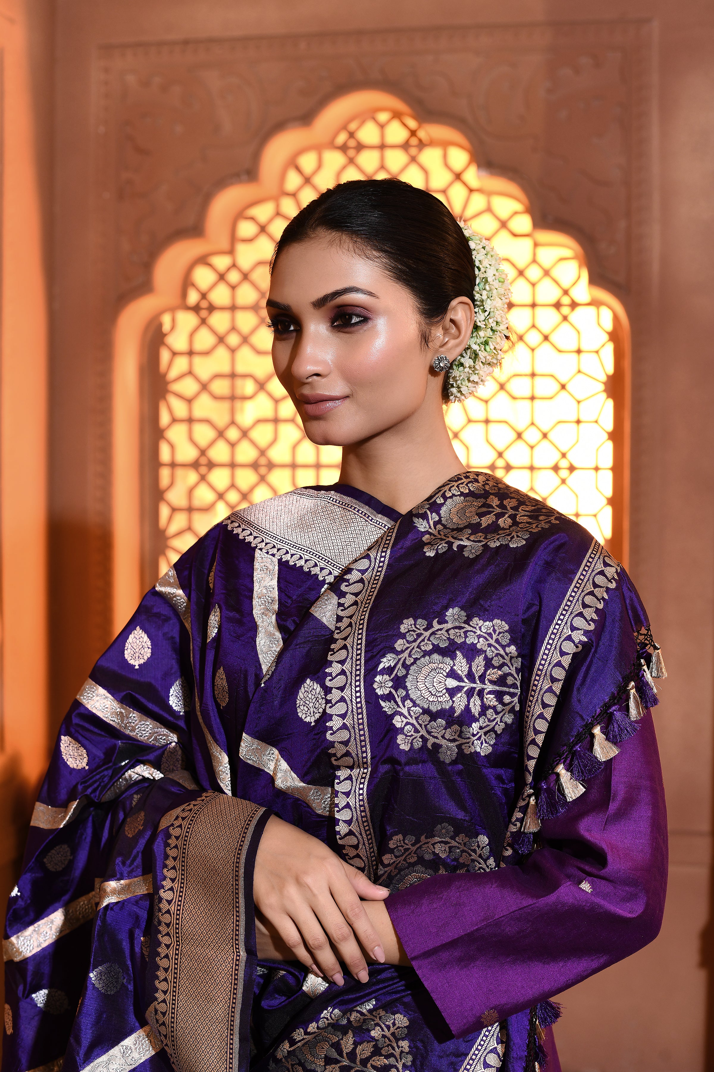 Violet Silver Gold Booti Banarsi Silk Duppatta