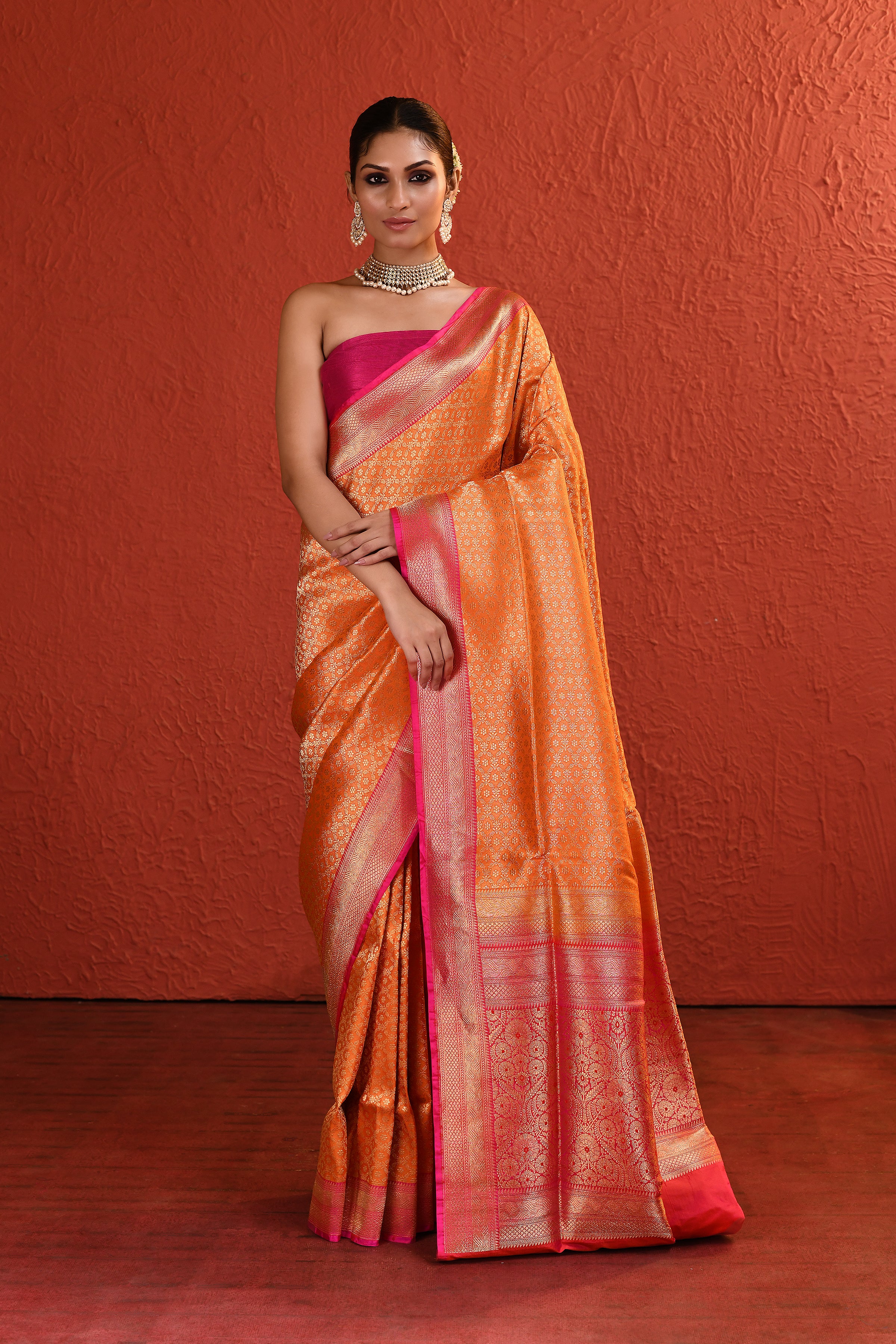 Orange Pink Brocade Silk Saree