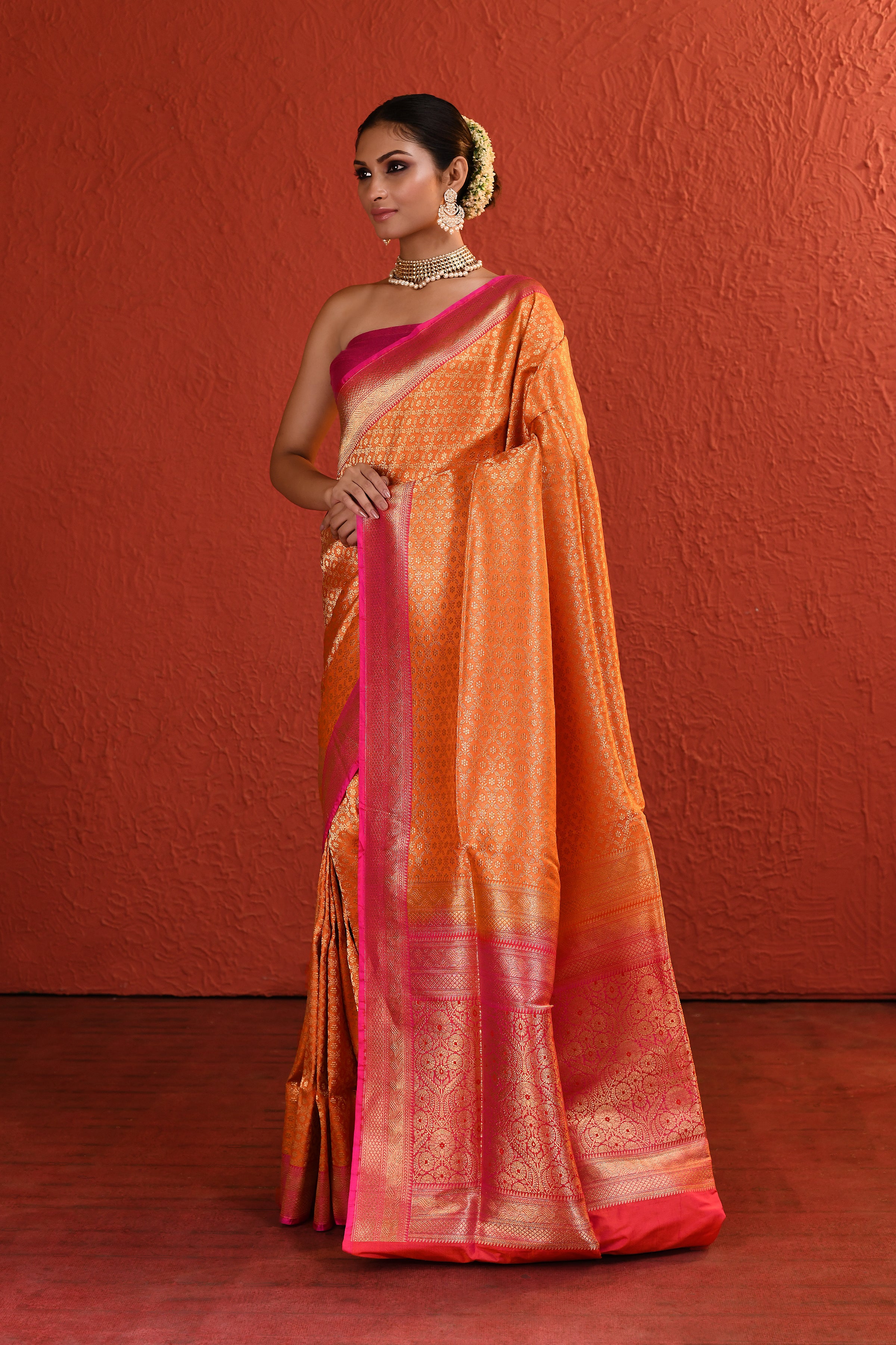Orange Pink Brocade Silk Saree
