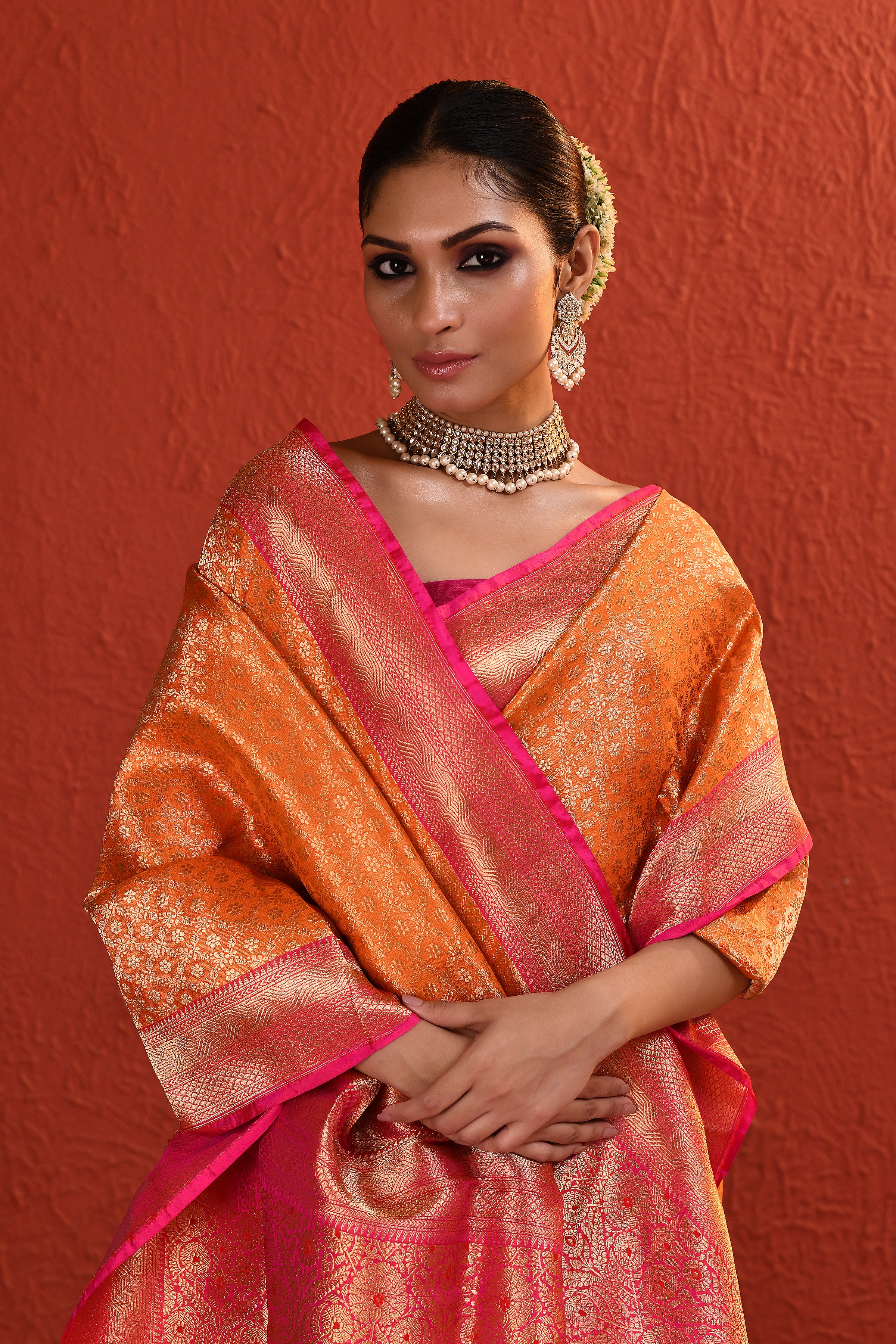 Orange Pink Brocade Silk Saree