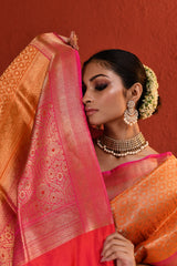 Orange Pink Brocade Silk Saree