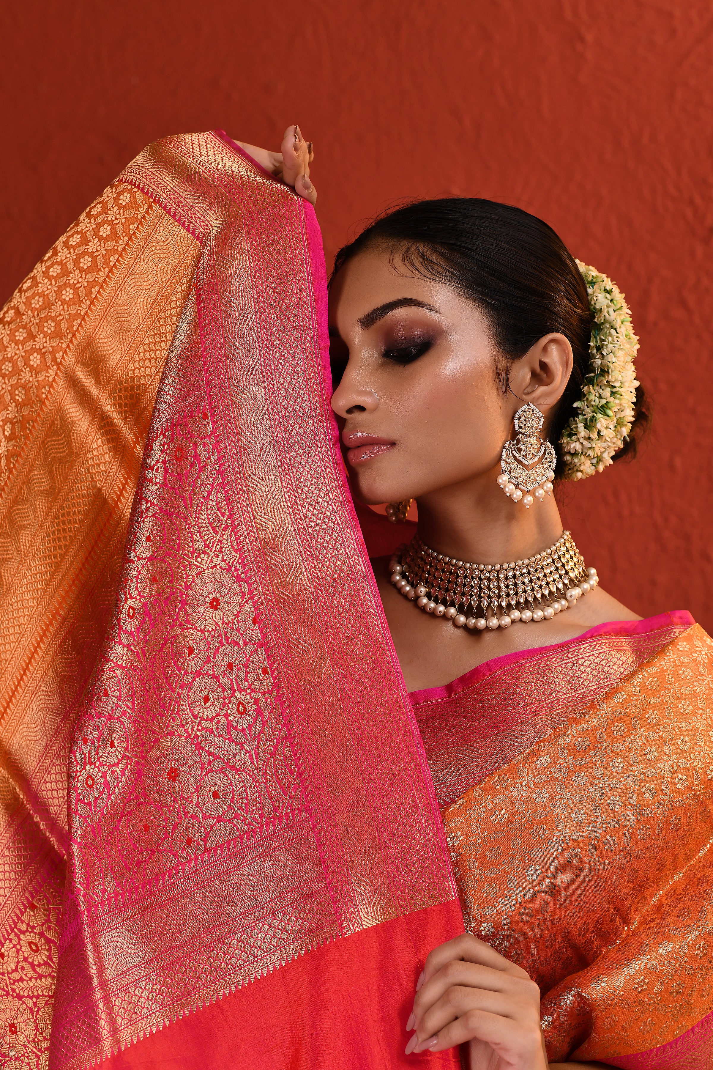 Orange Pink Brocade Silk Saree