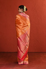 Orange Pink Brocade Silk Saree