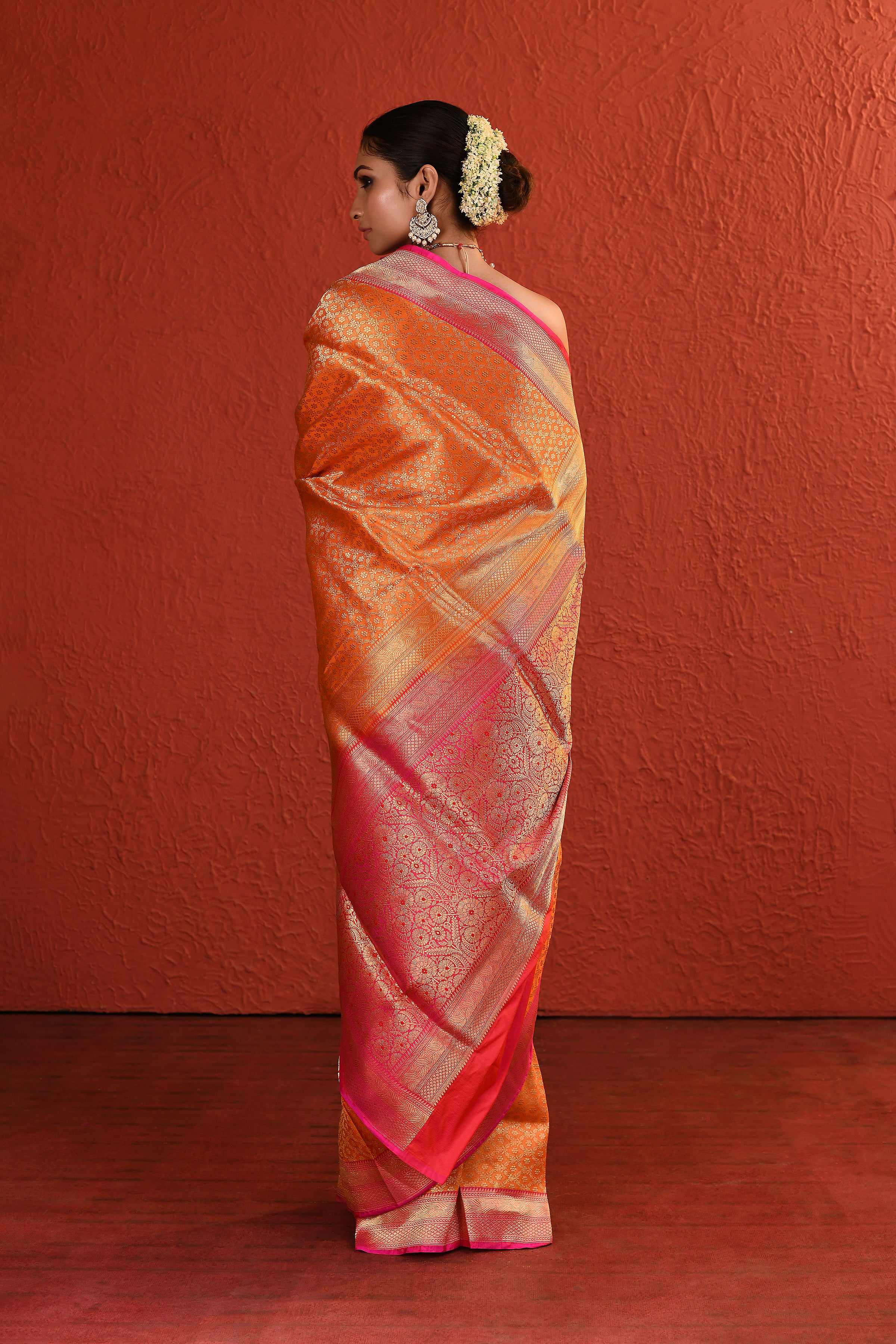 Orange Pink Brocade Silk Saree