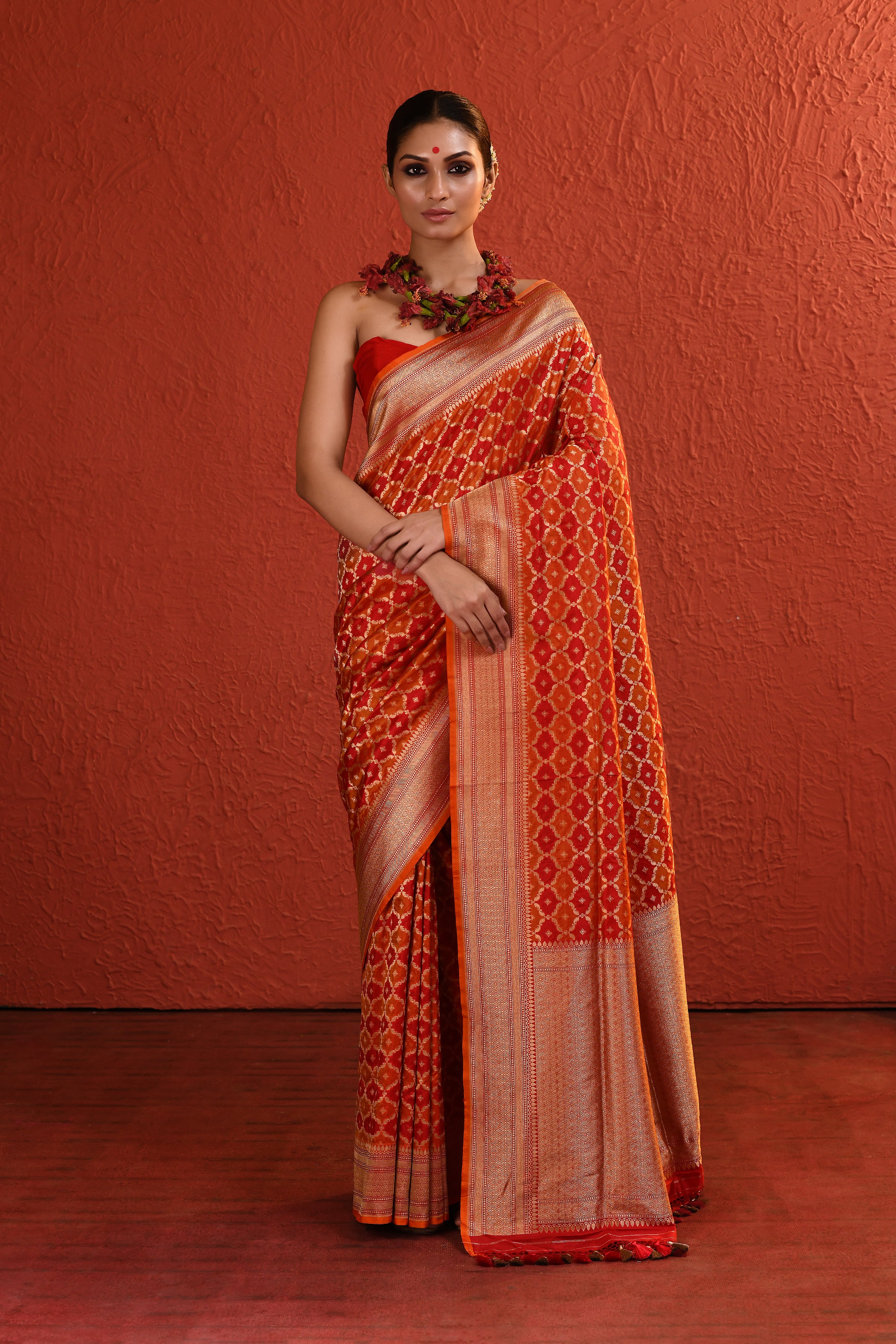 Orange Red Rangkaat Banarsi Silk Saree