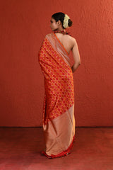 Orange Red Rangkaat Banarsi Silk Saree