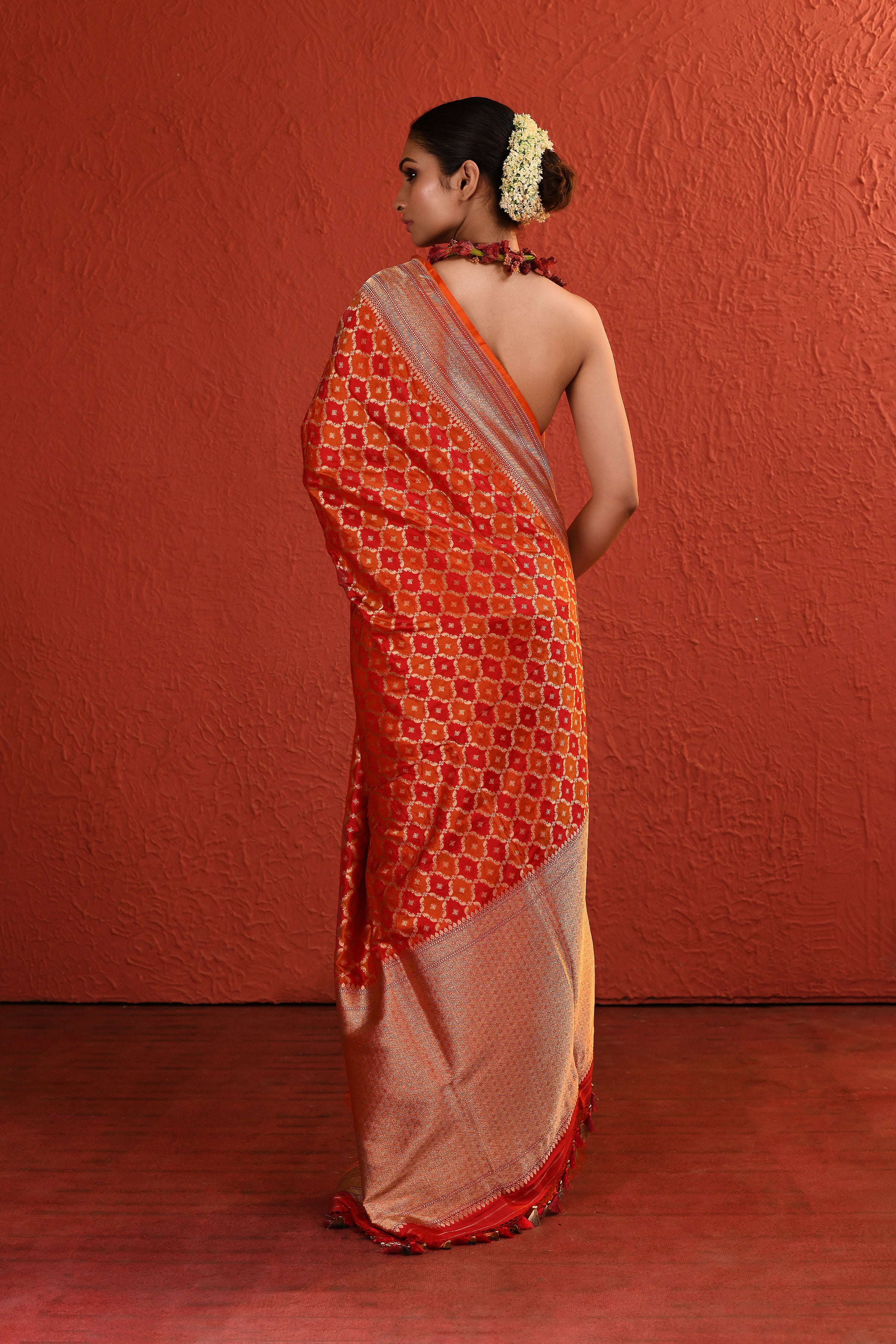 Orange Red Rangkaat Banarsi Silk Saree