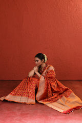 Orange Red Rangkaat Banarsi Silk Saree