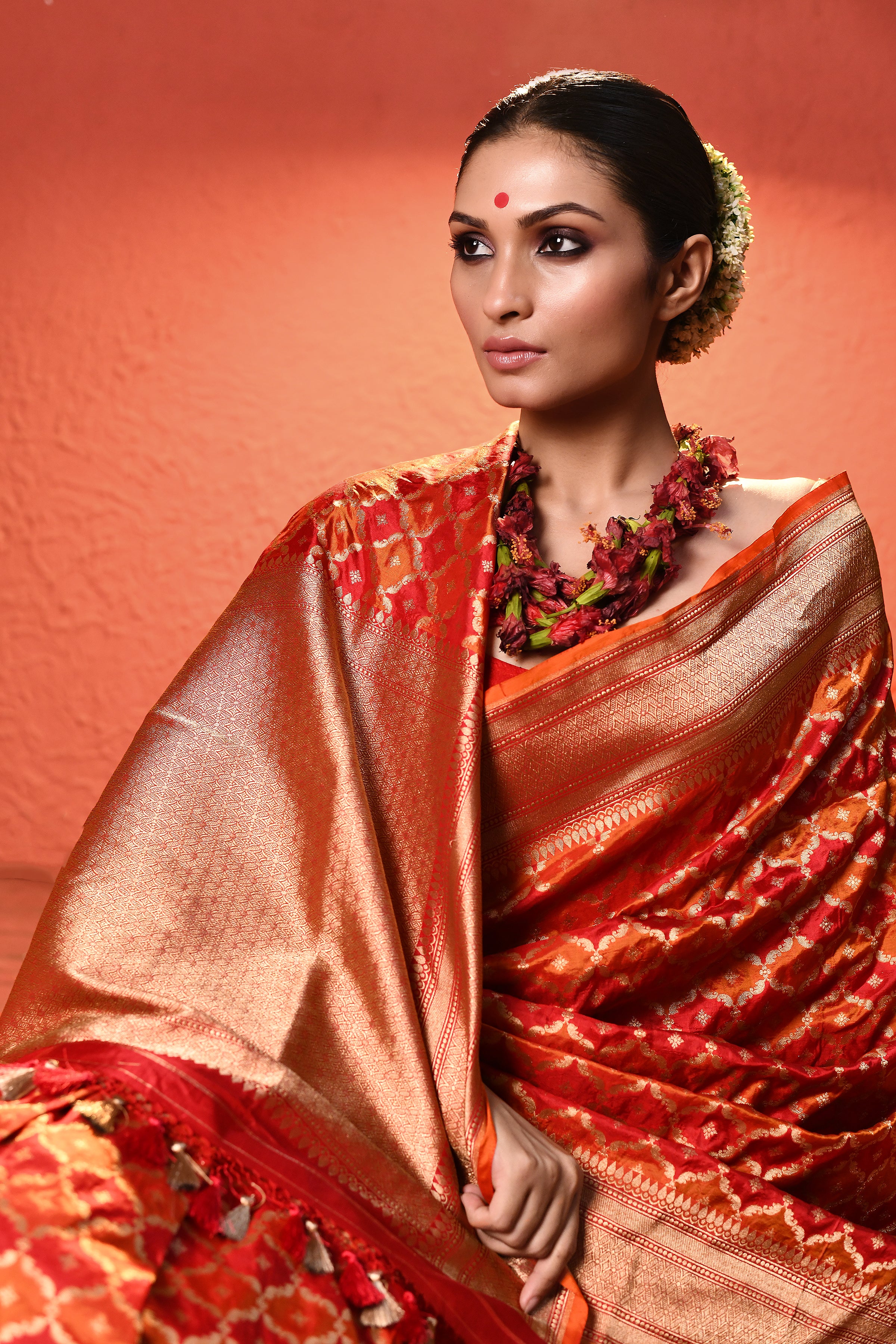Orange Red Rangkaat Banarsi Silk Saree