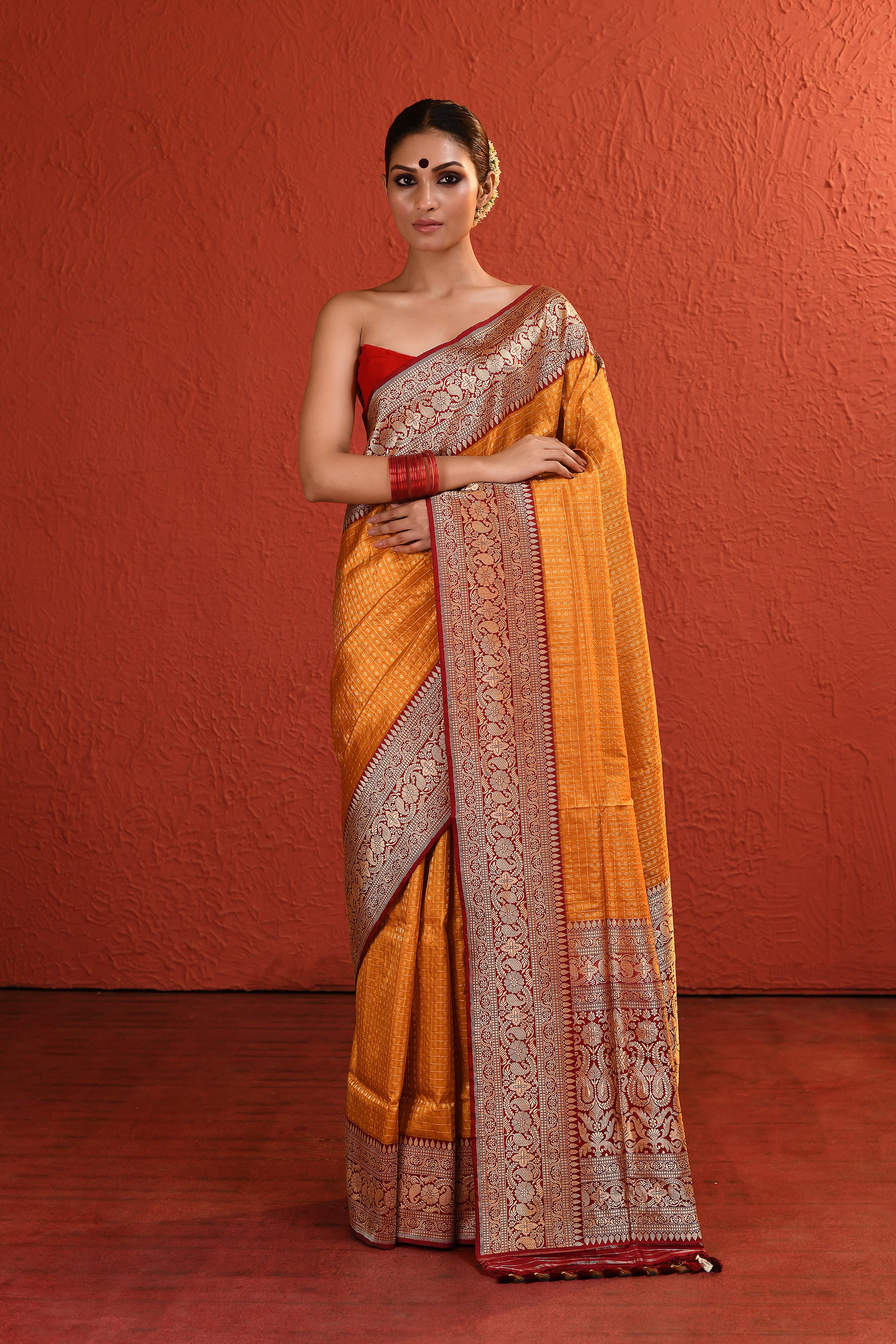 Yellow Checkered Banarsi Silk Saree with Red Bordered Palla