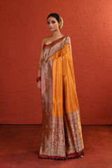 Yellow Checkered Banarsi Silk Saree with Red Bordered Palla