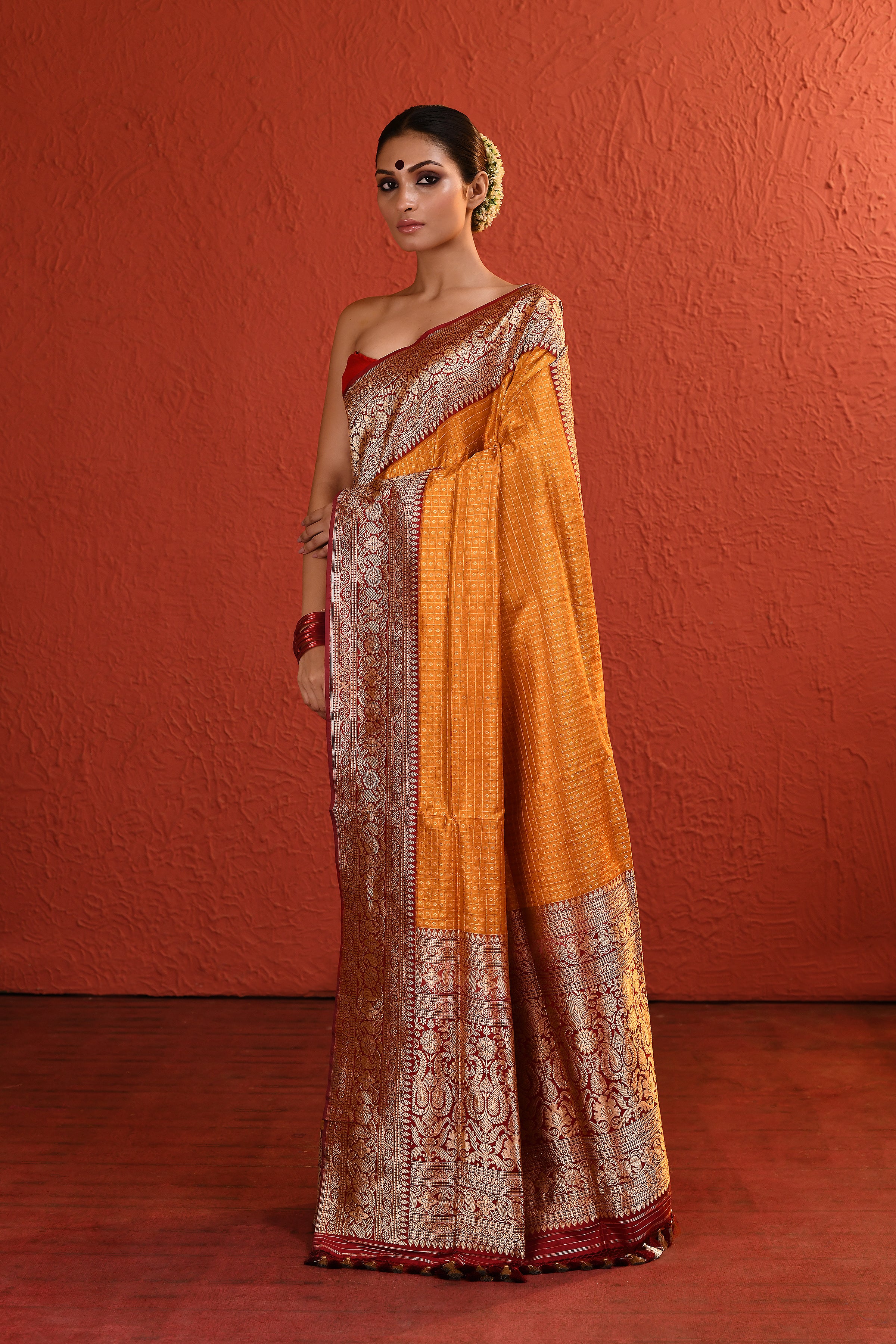 Yellow Checkered Banarsi Silk Saree with Red Bordered Palla