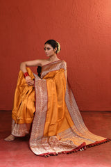 Yellow Checkered Banarsi Silk Saree with Red Bordered Palla
