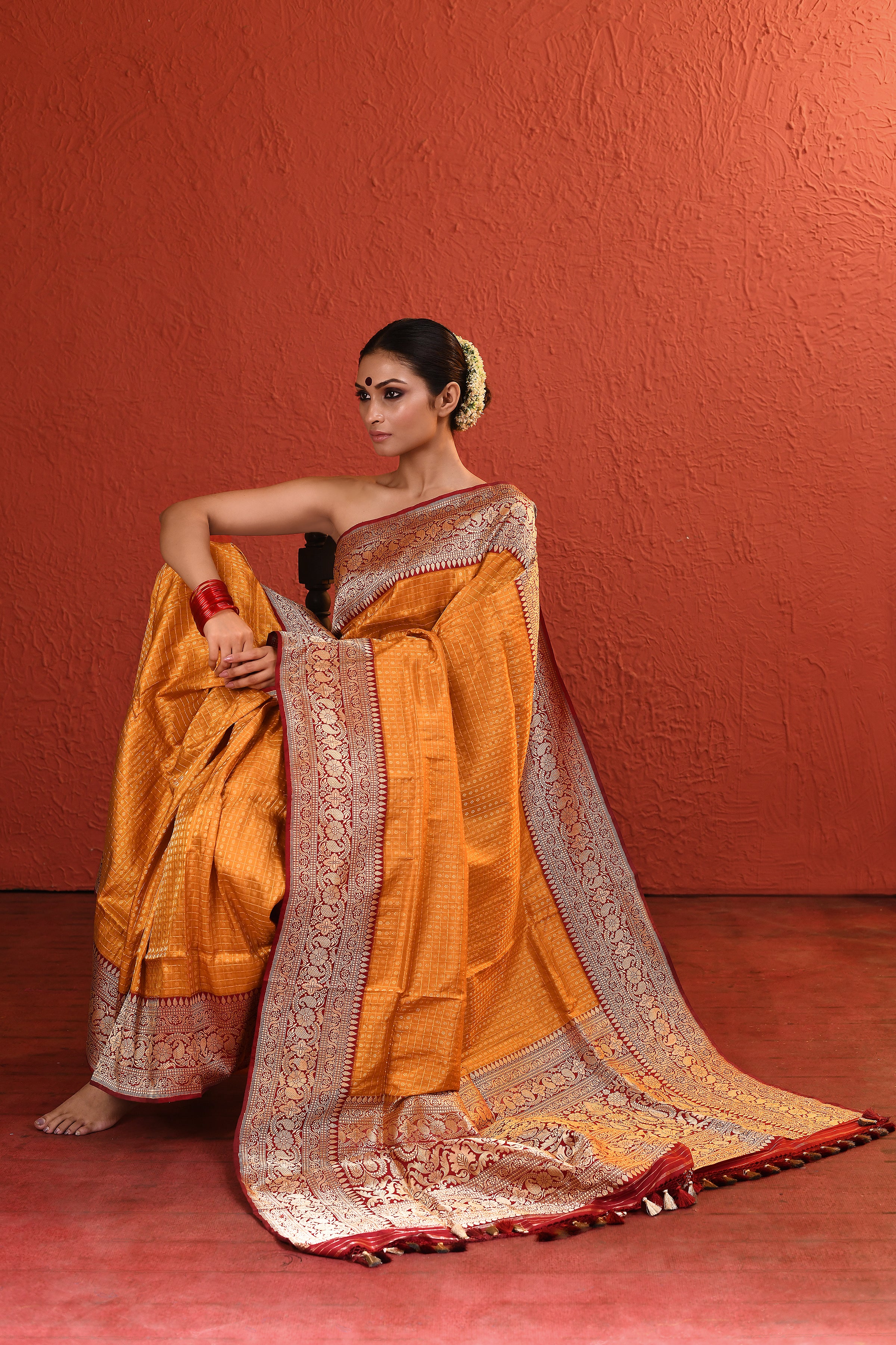 Yellow Checkered Banarsi Silk Saree with Red Bordered Palla