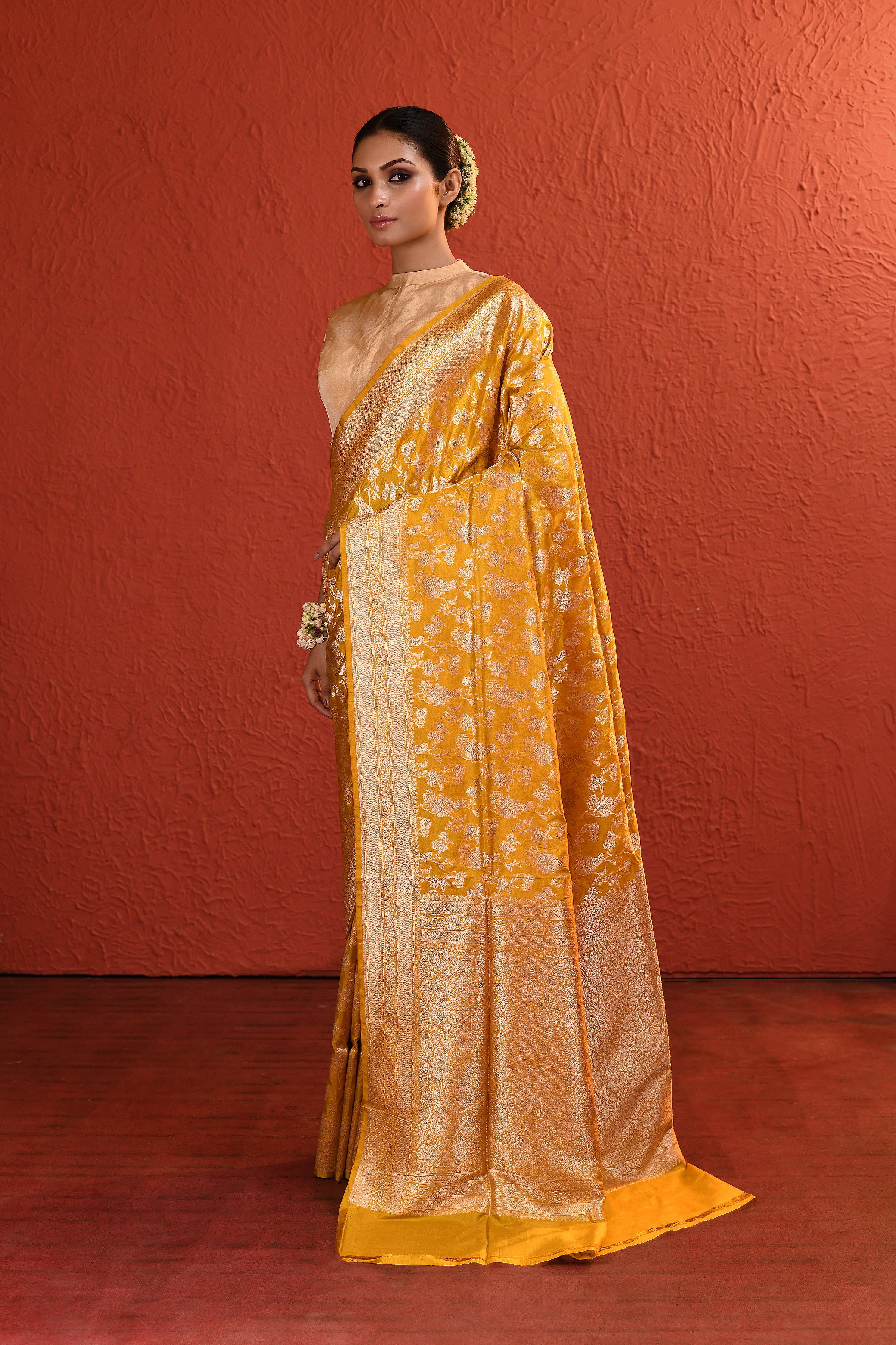 Yellow Silver Gold Zari Jaal Banarsi Silk Saree