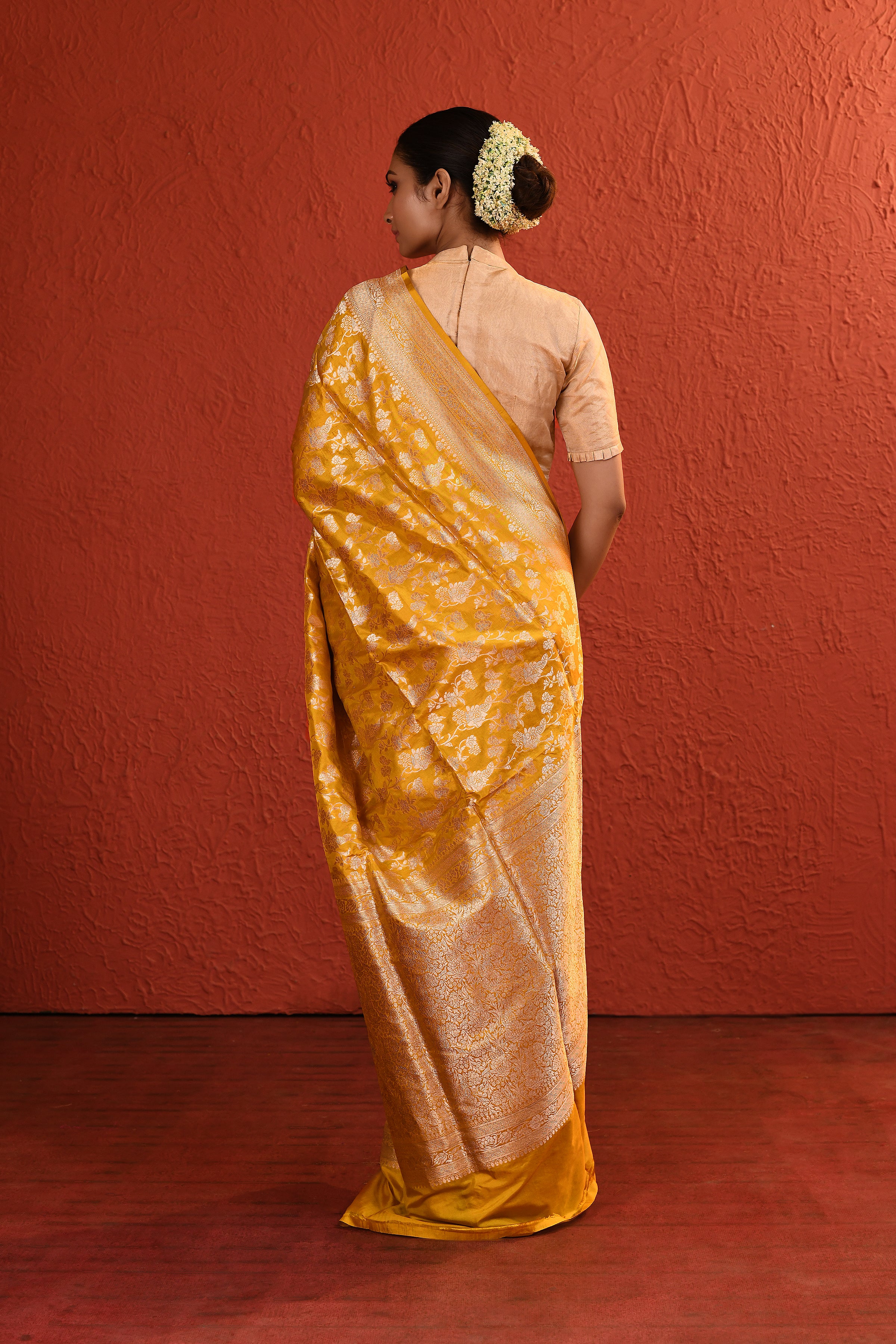 Yellow Silver Gold Zari Jaal Banarsi Silk Saree