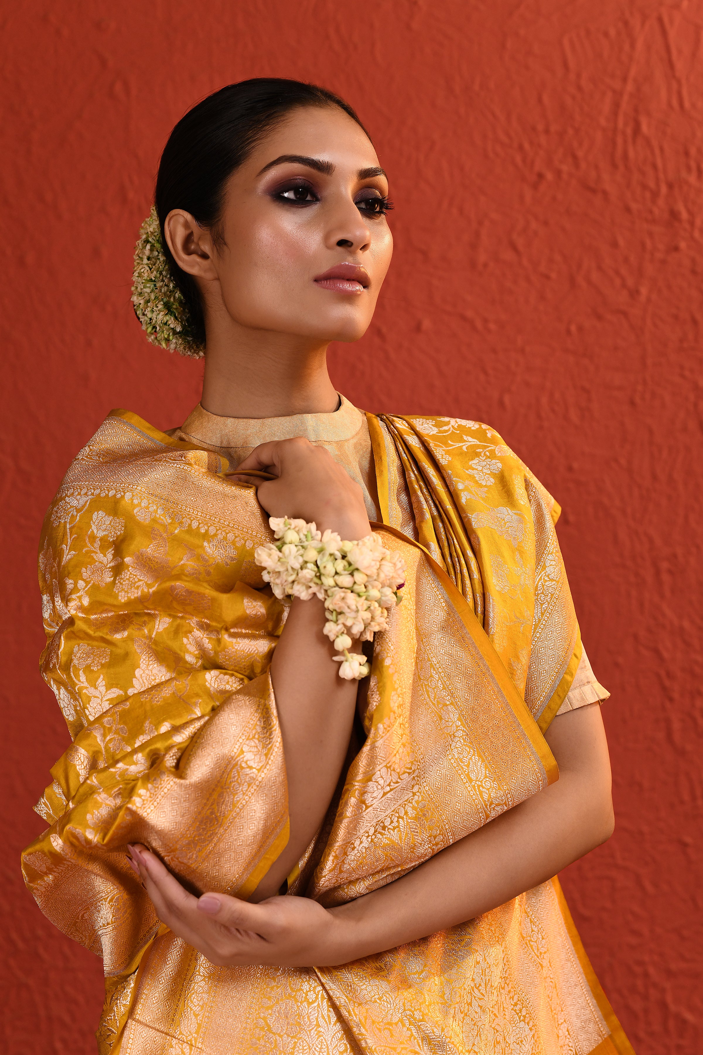 Yellow Silver Gold Zari Jaal Banarsi Silk Saree