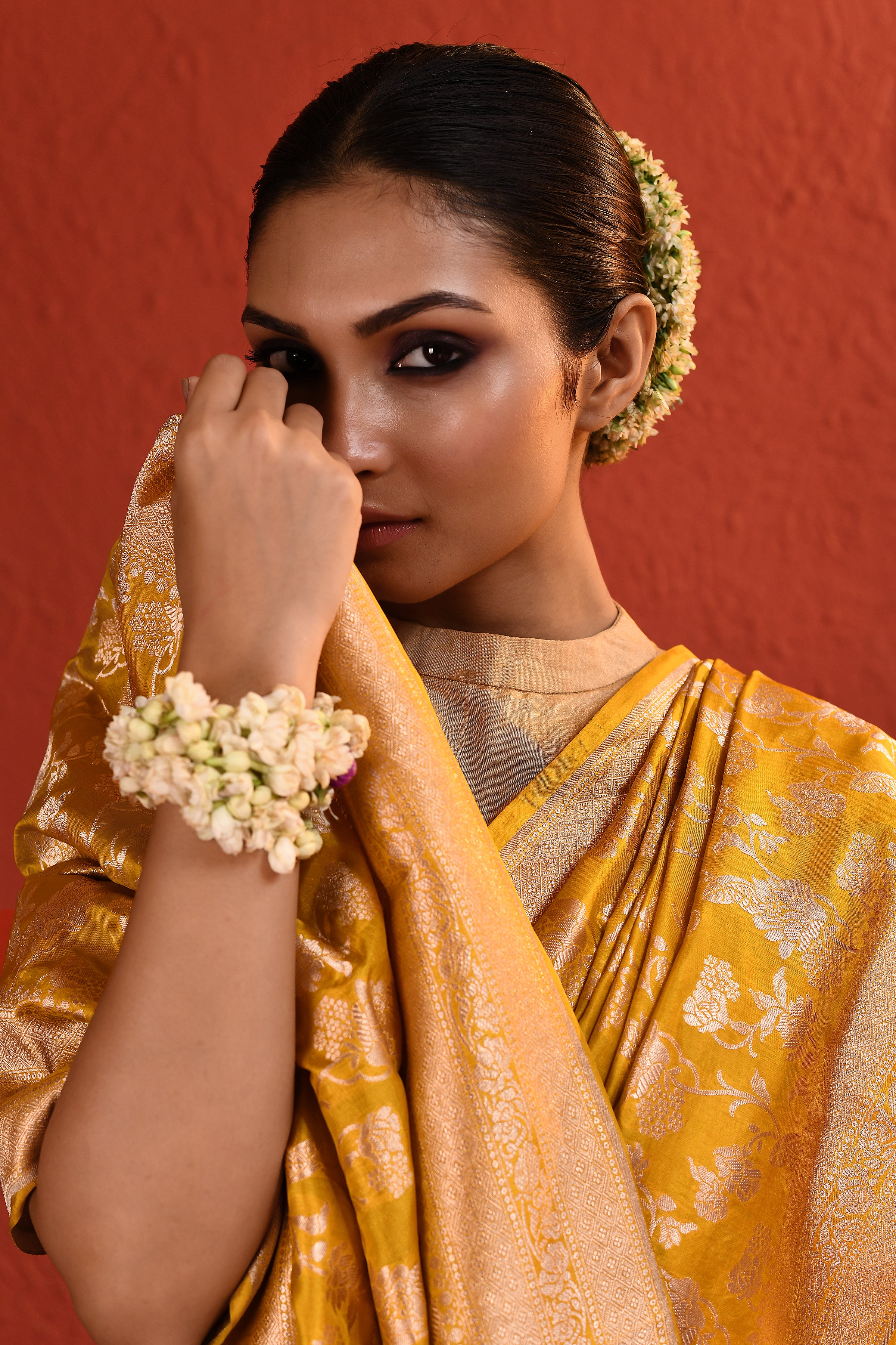 Yellow Silver Gold Zari Jaal Banarsi Silk Saree