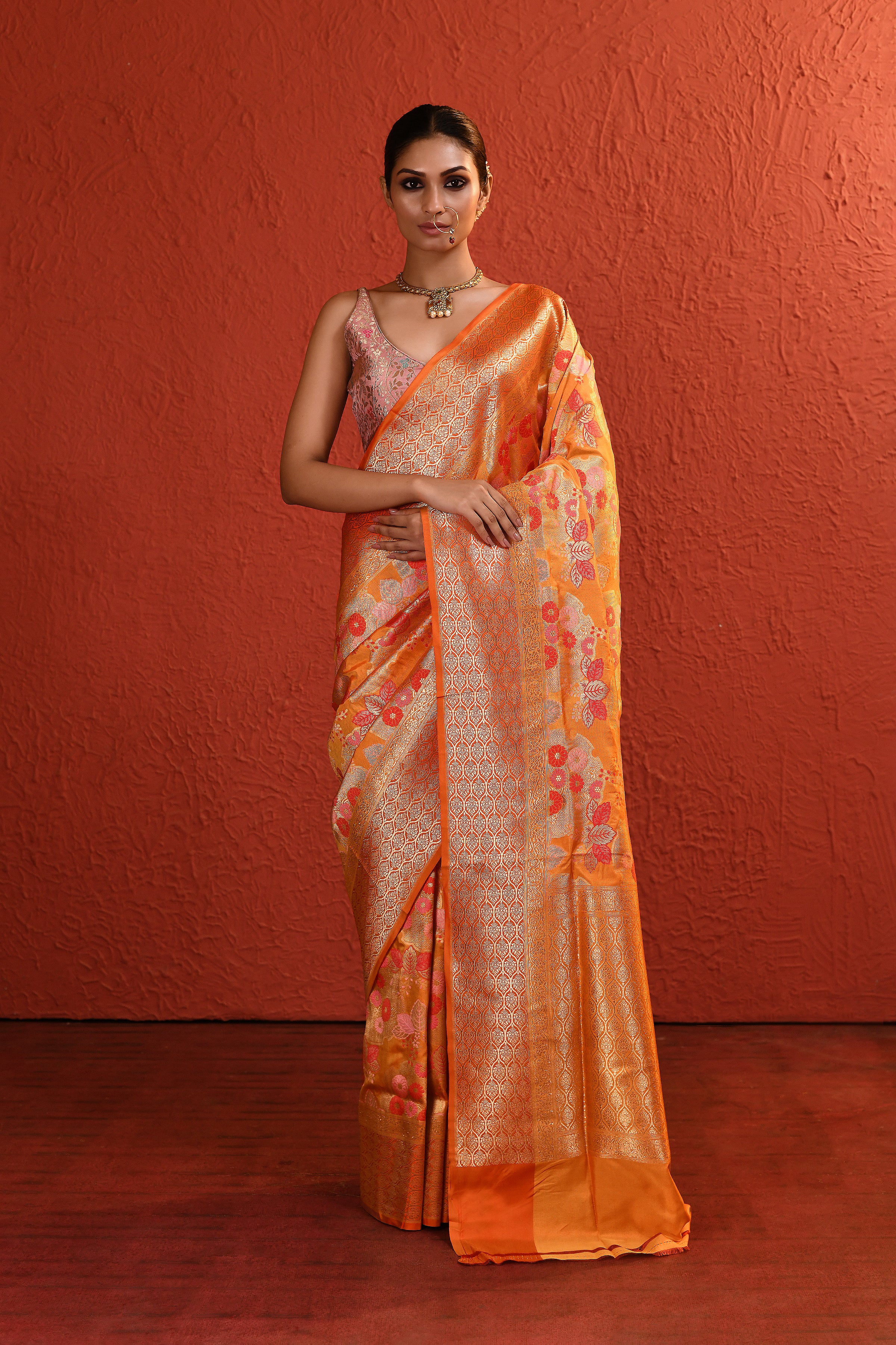 Orange Meenakari Jaal Handwoven Silk Saree