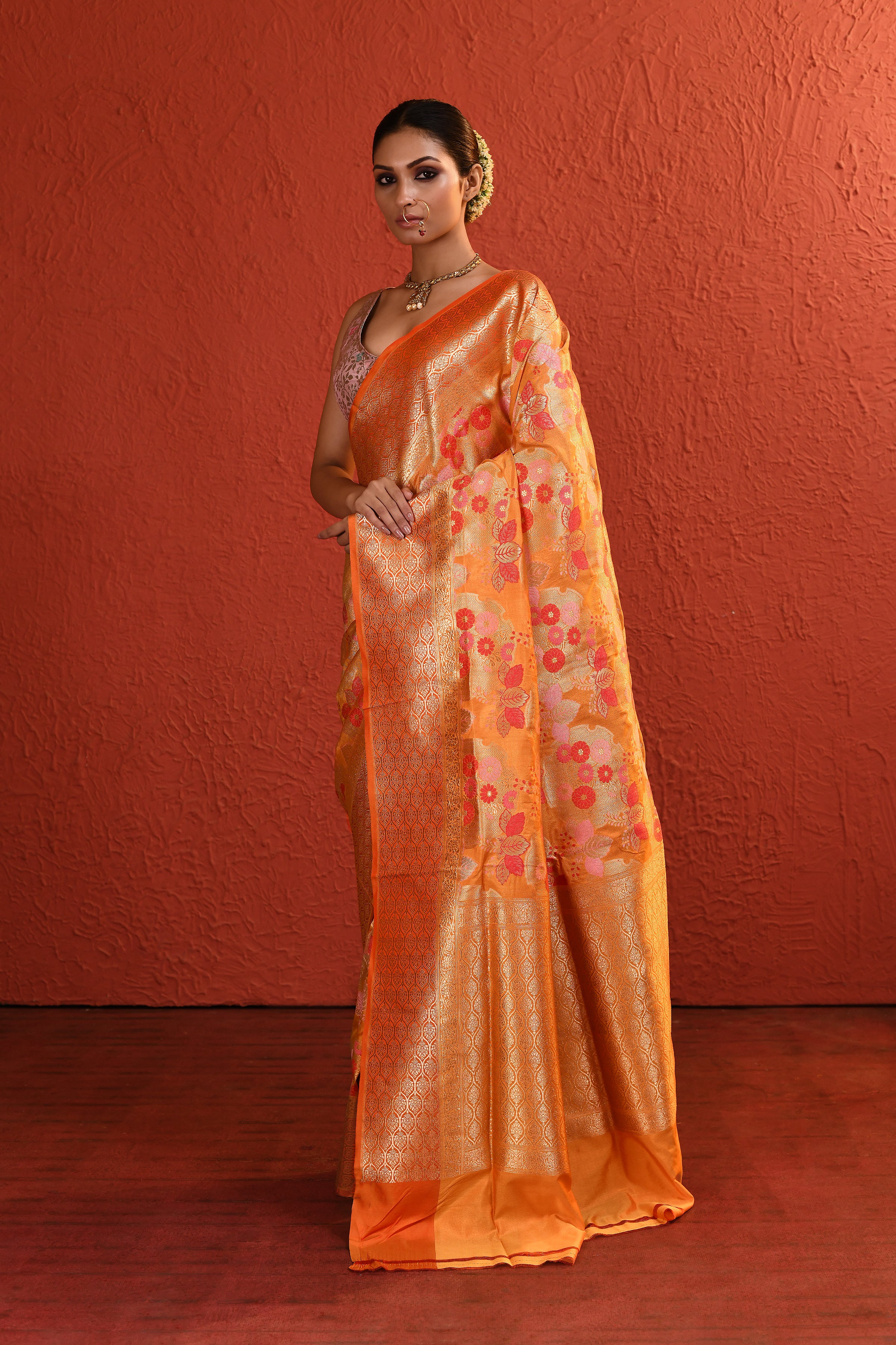 Orange Meenakari Jaal Handwoven Silk Saree