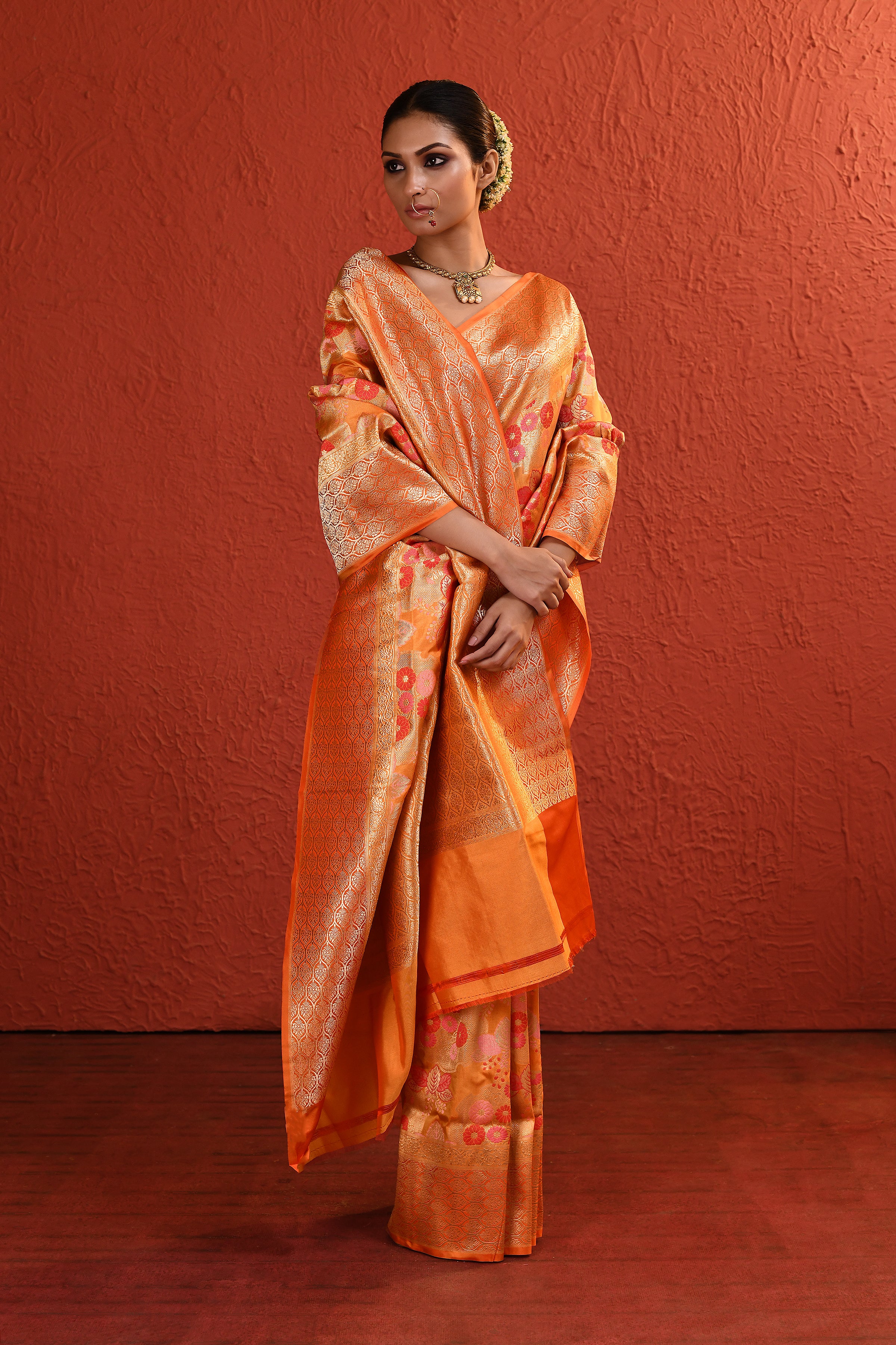 Orange Meenakari Jaal Handwoven Silk Saree