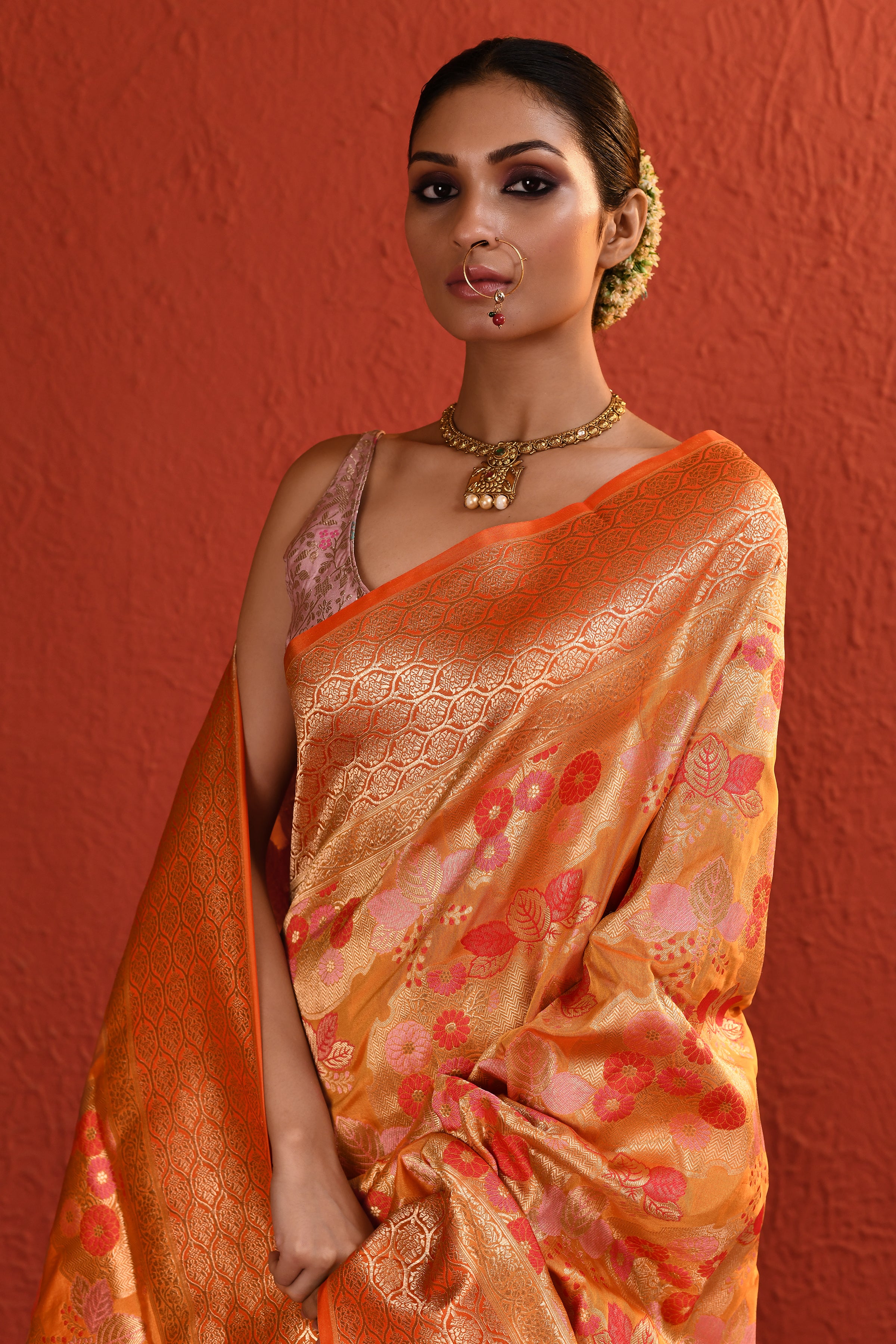 Orange Meenakari Jaal Handwoven Silk Saree