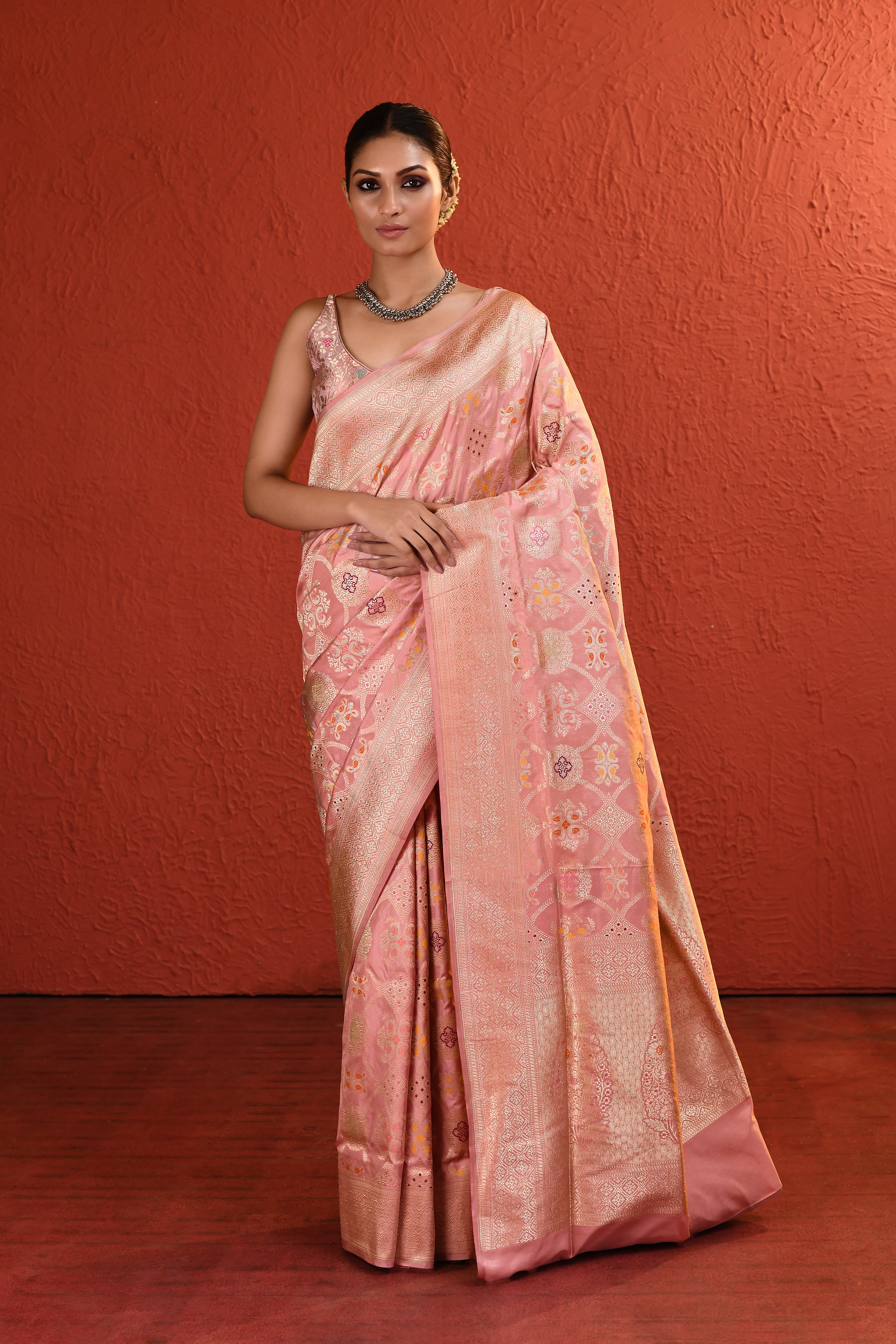 Peach Pink Meenakari Jaal Handwoven Silk Saree