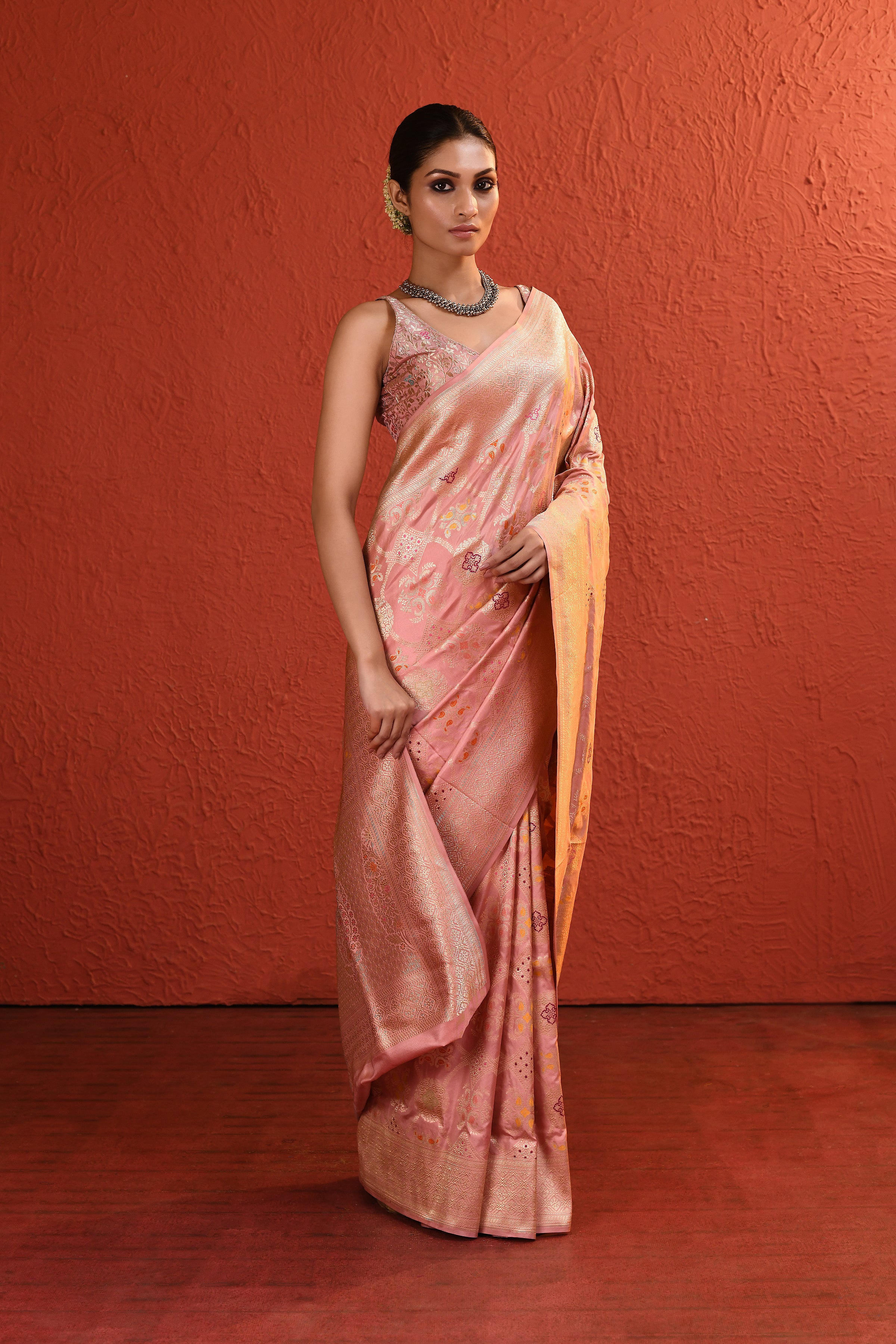 Peach Pink Meenakari Jaal Handwoven Silk Saree