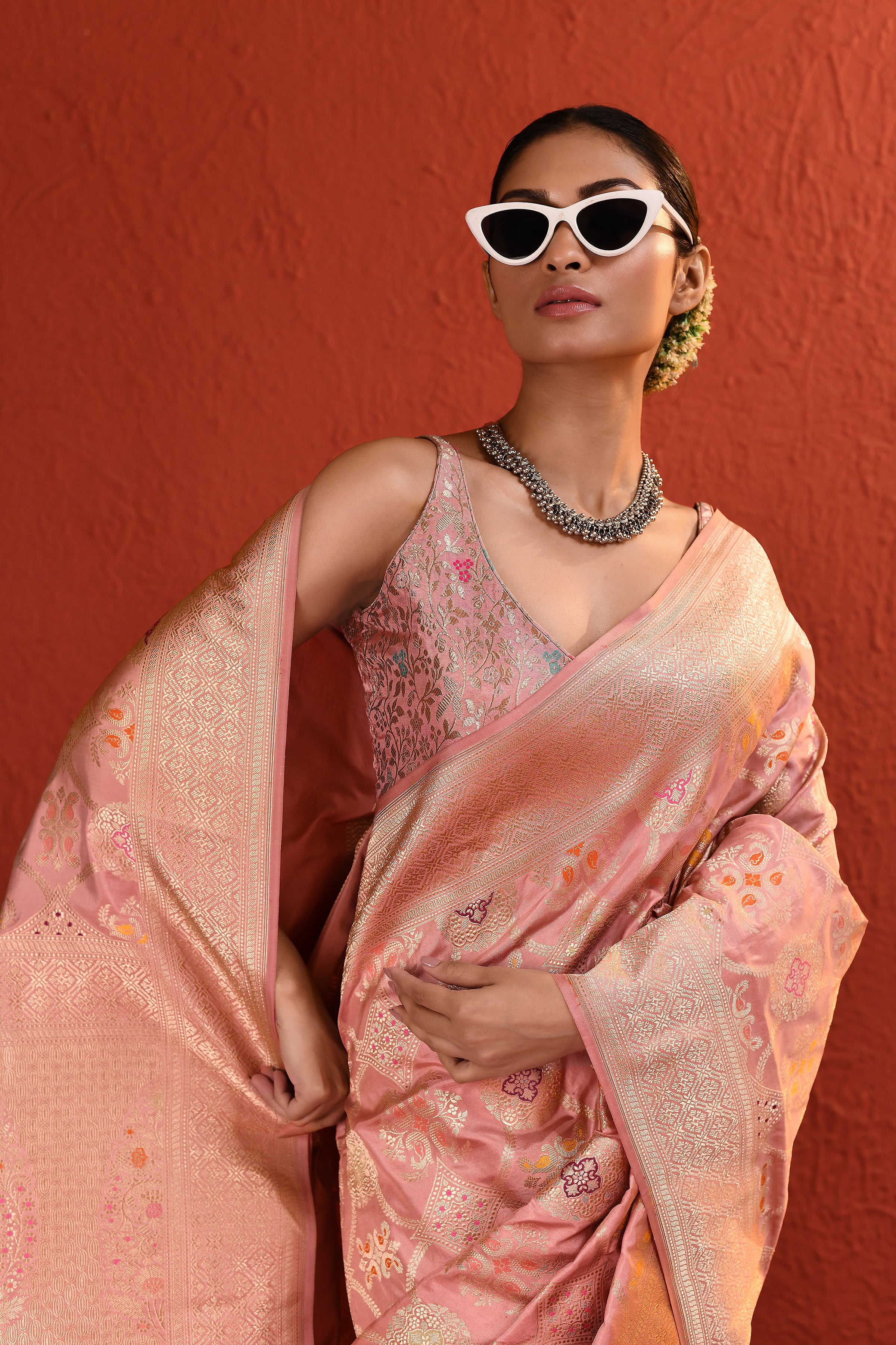 Peach Pink Meenakari Jaal Handwoven Silk Saree