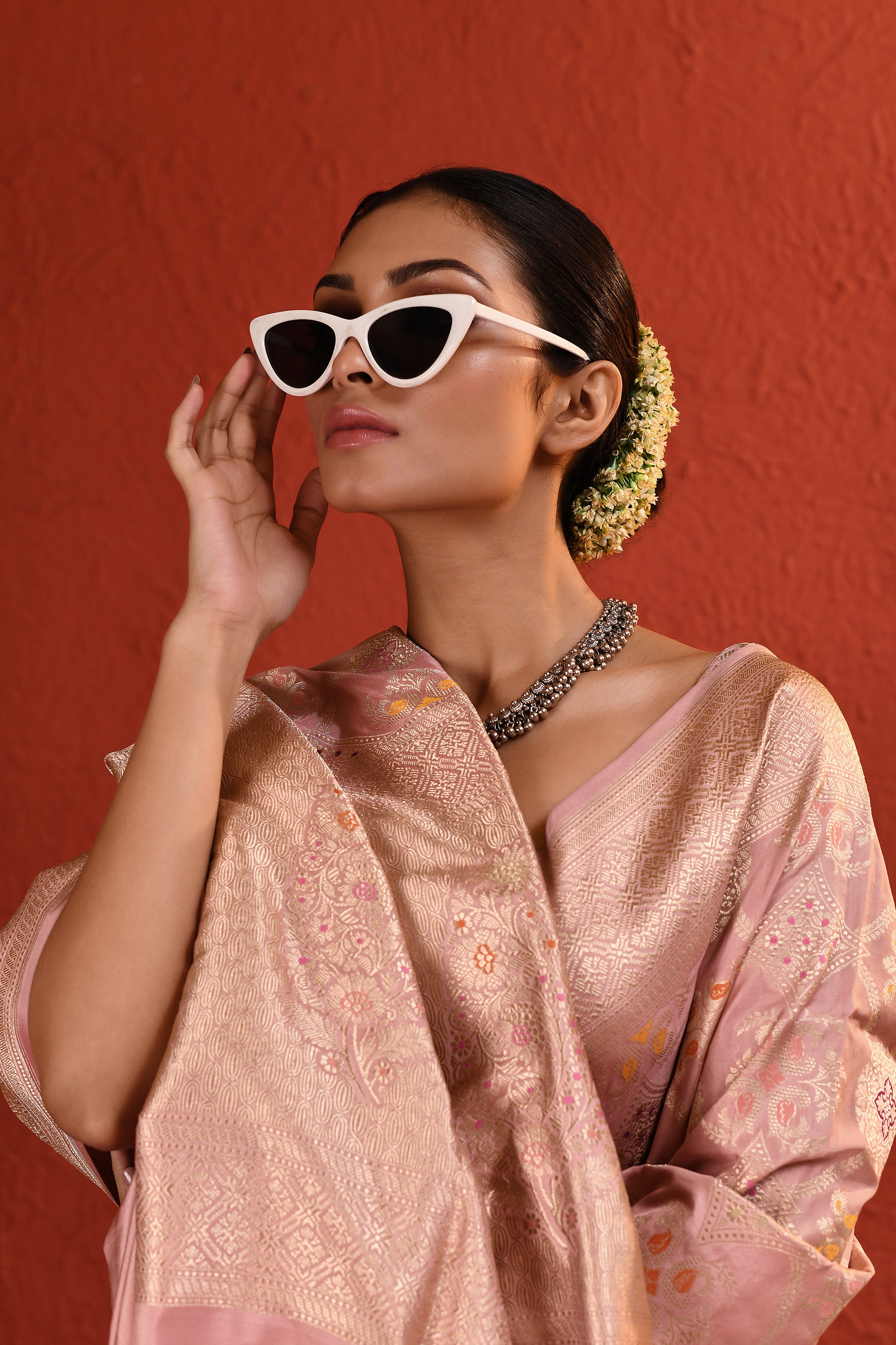 Peach Pink Meenakari Jaal Handwoven Silk Saree