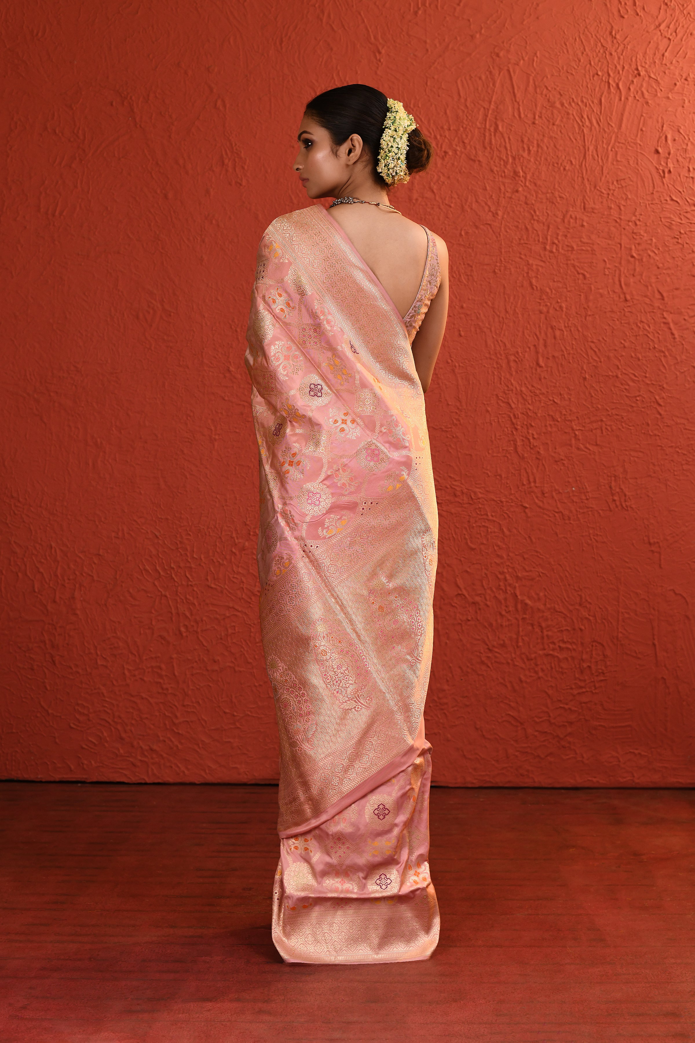 Peach Pink Meenakari Jaal Handwoven Silk Saree