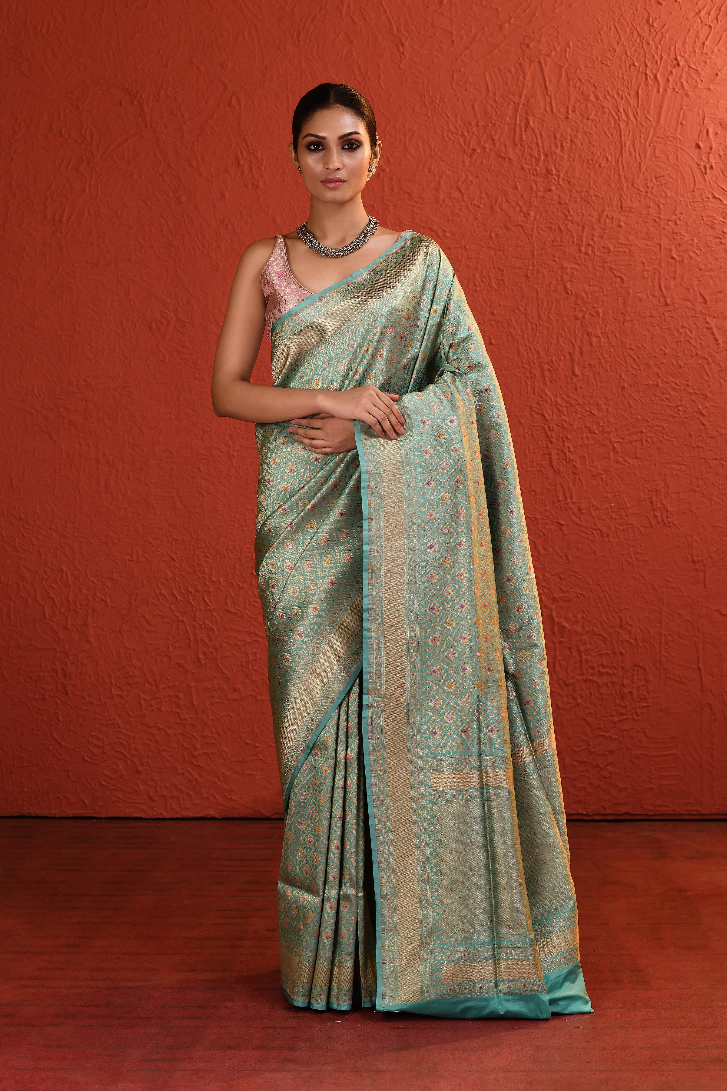 Aqua Blue Meenakari Brocade Saree