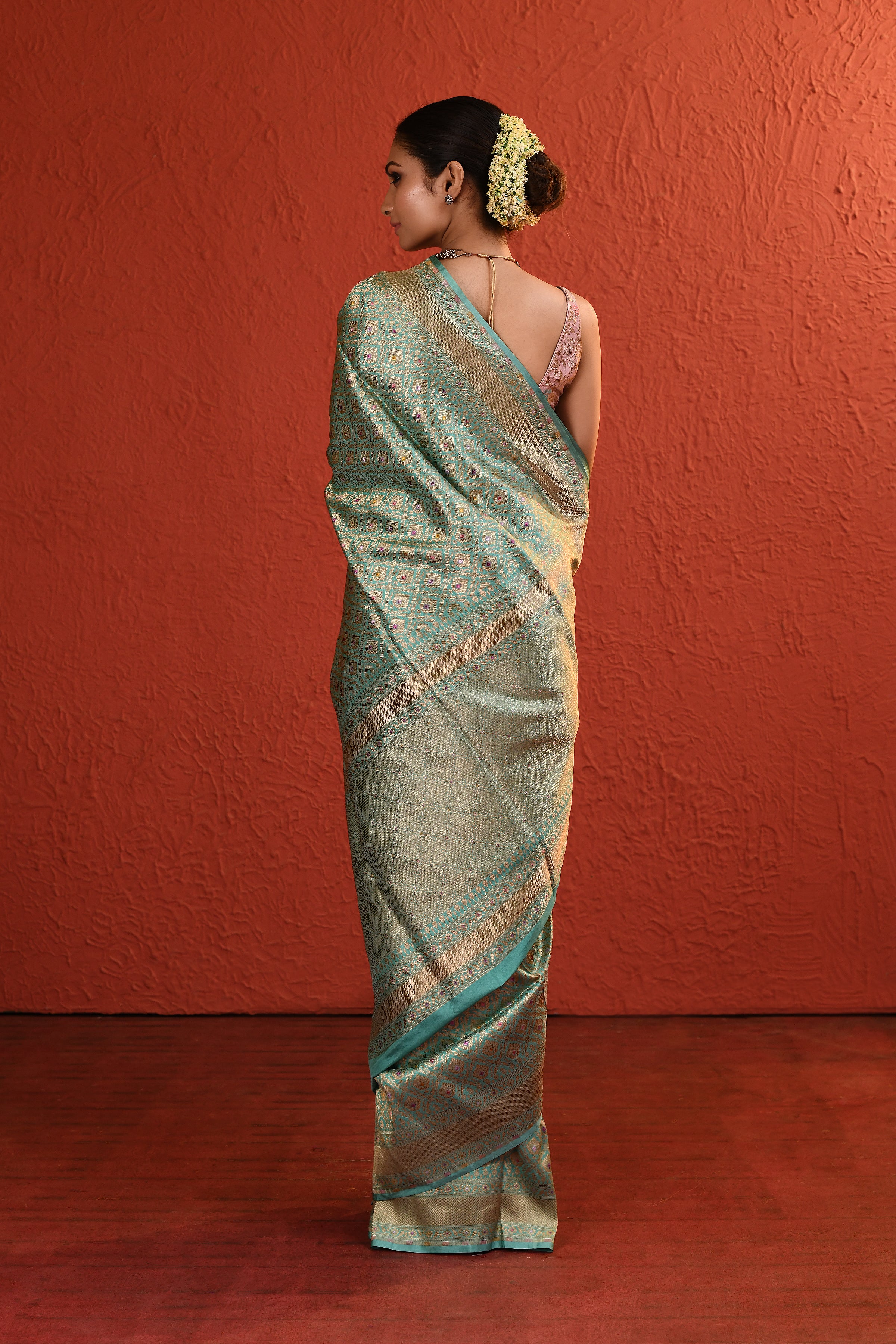 Aqua Blue Meenakari Brocade Saree