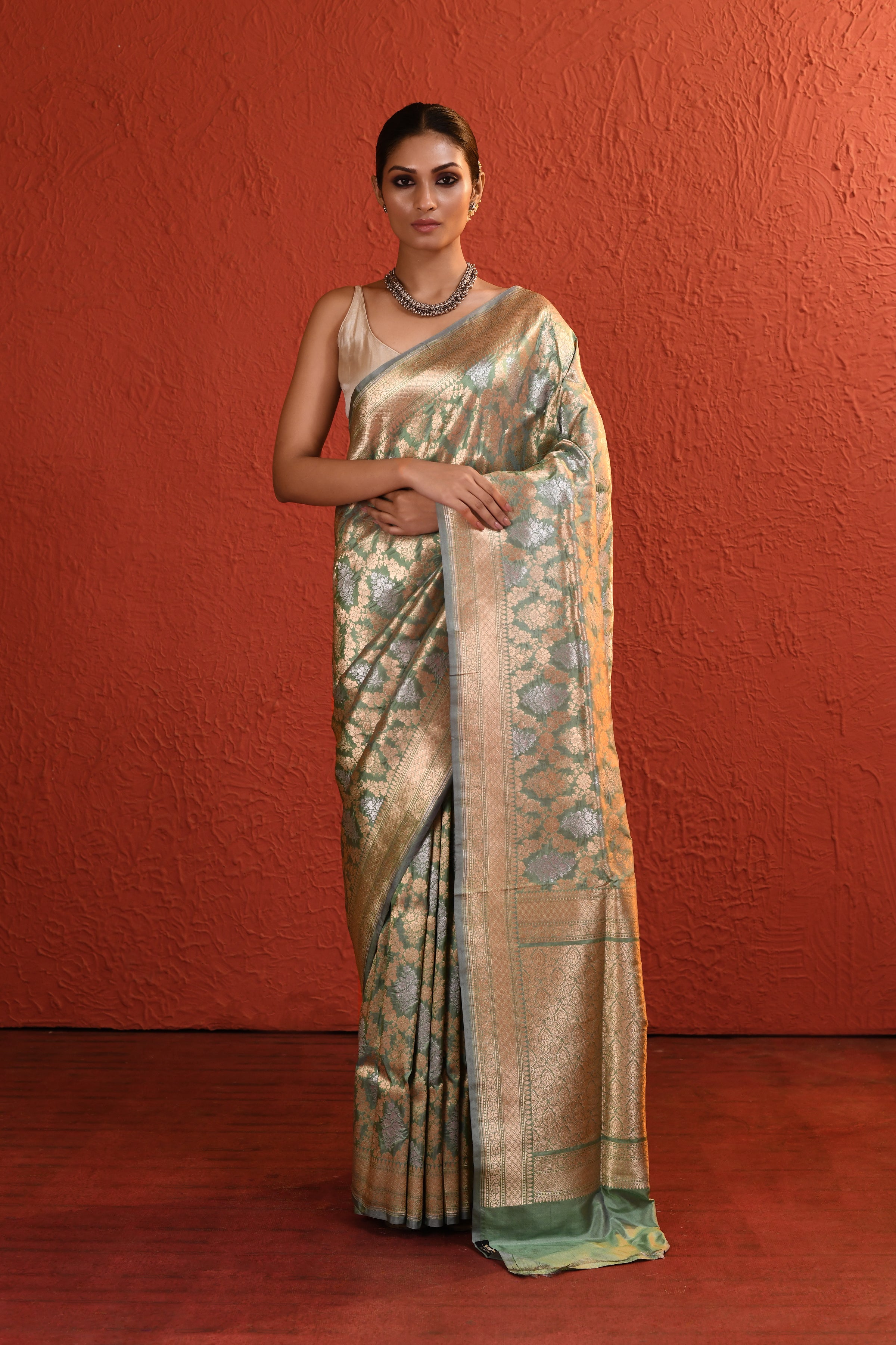 Sage Green Handwoven Gold Silver Zari Silk Saree