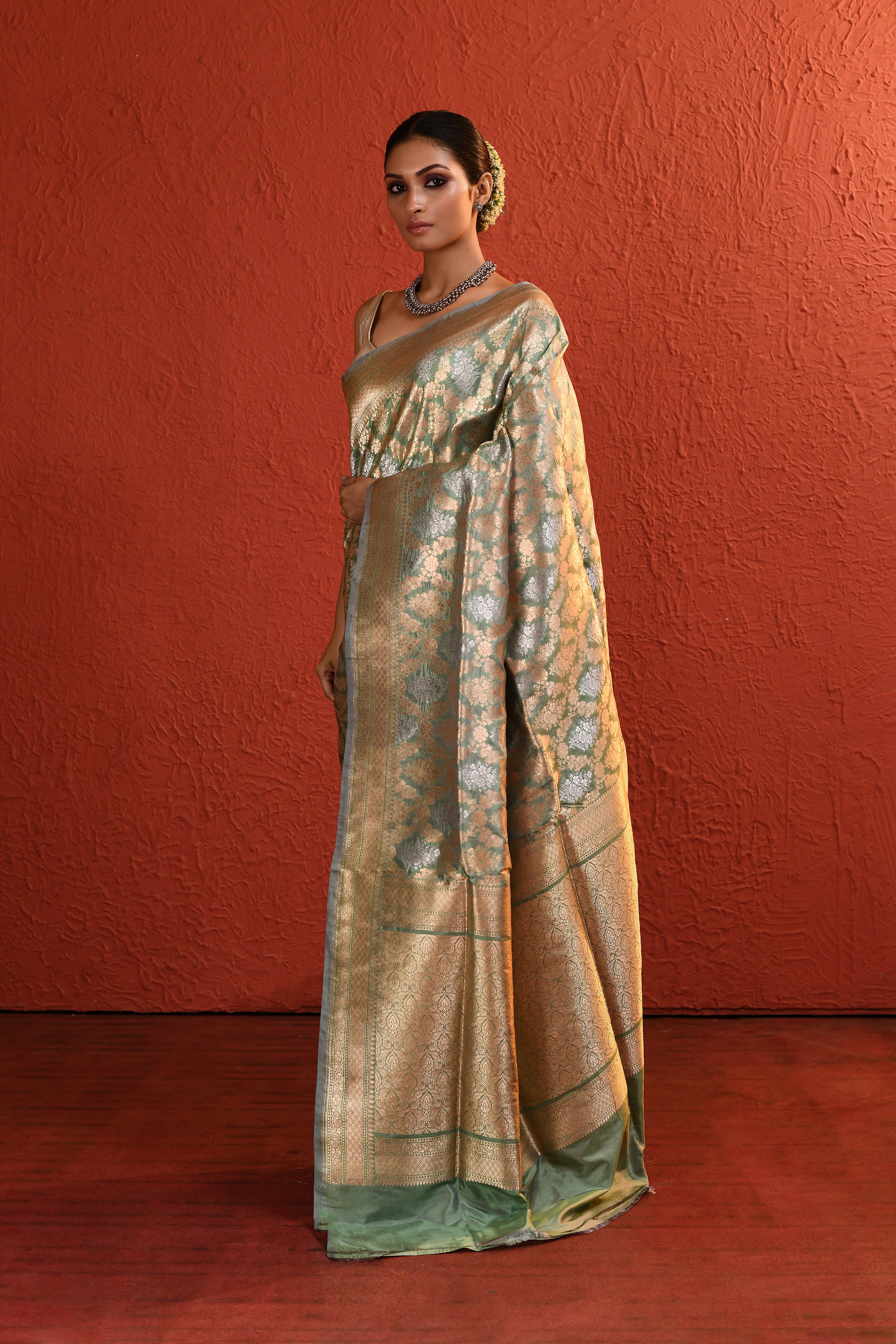 Sage Green Handwoven Gold Silver Zari Silk Saree