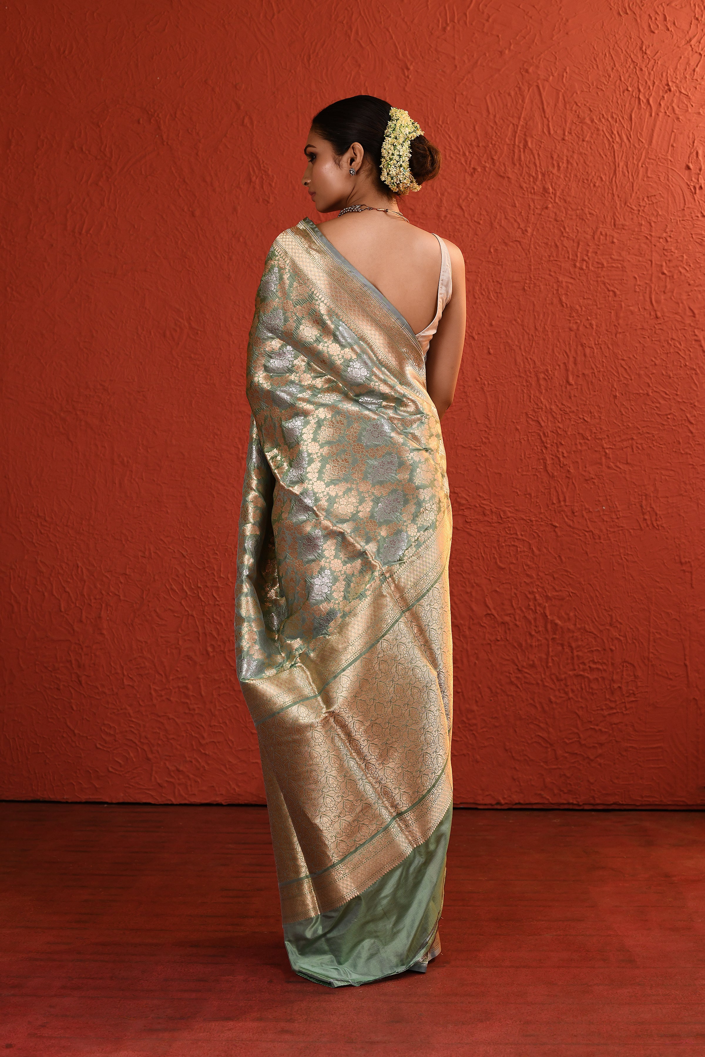 Sage Green Handwoven Gold Silver Zari Silk Saree