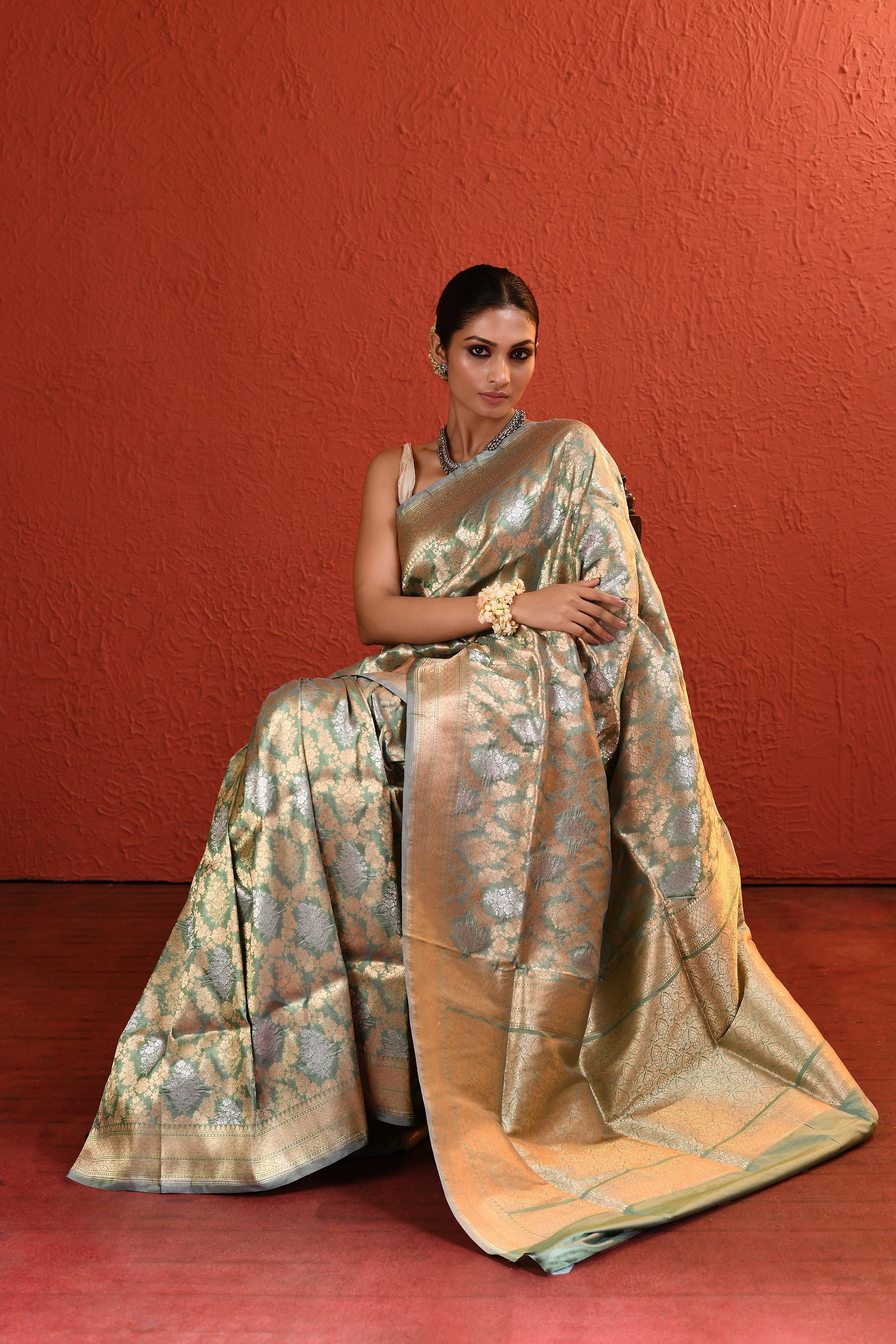 Sage Green Handwoven Gold Silver Zari Silk Saree
