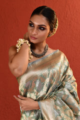 Sage Green Handwoven Gold Silver Zari Silk Saree