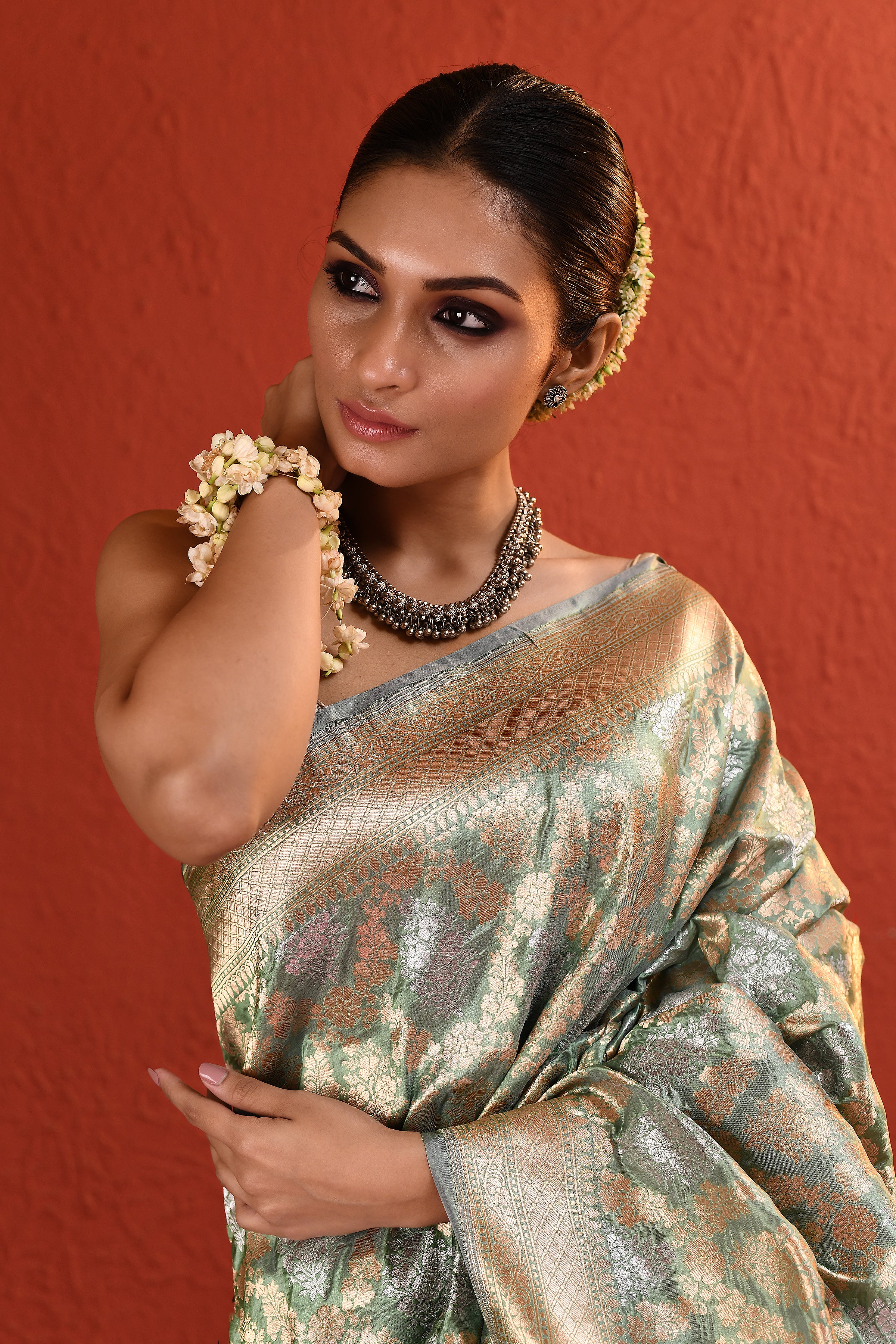 Sage Green Handwoven Gold Silver Zari Silk Saree